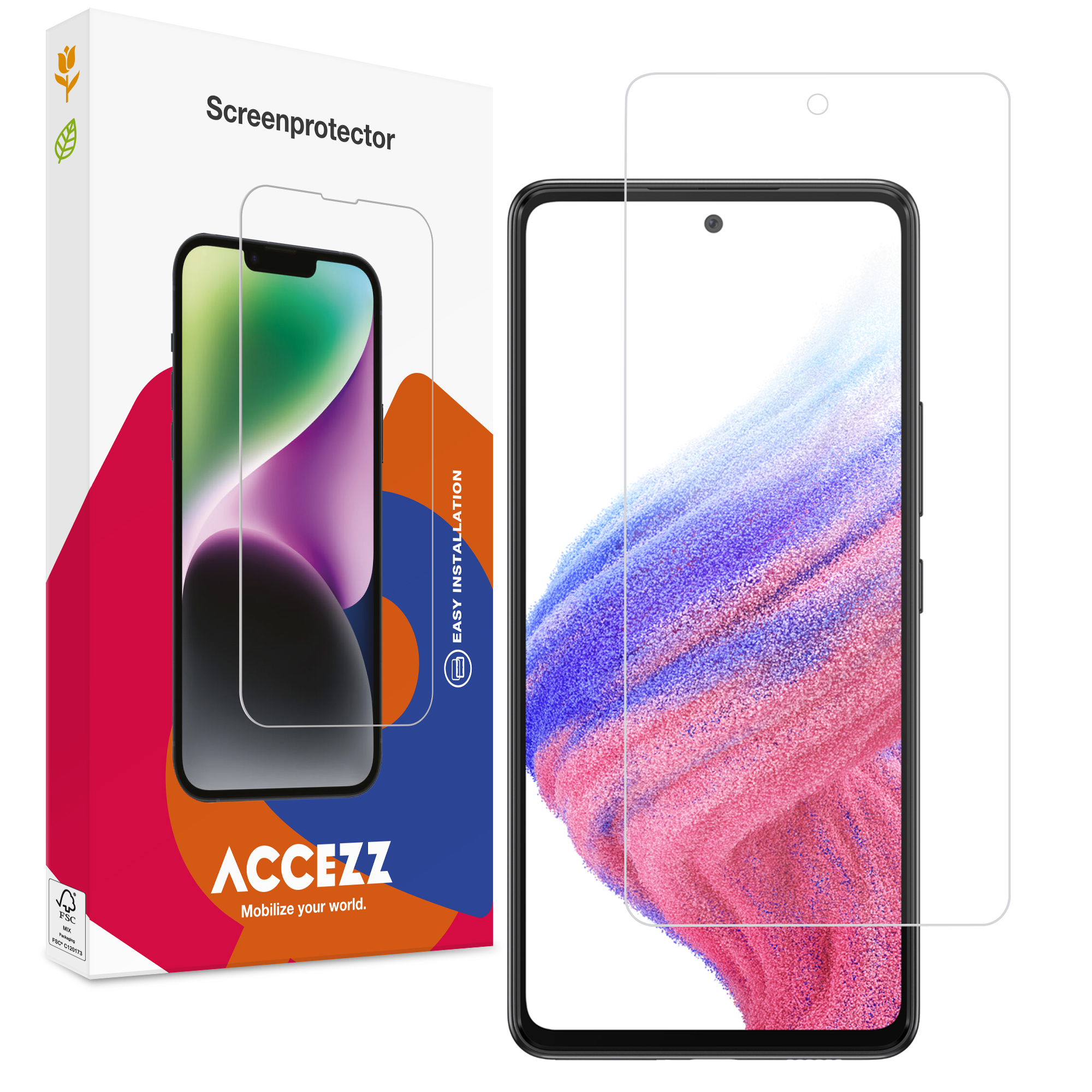 Afbeelding toont een telefoon met schermbeschermer, doos met telefoongrafiek en het ACCEZZ-logo.