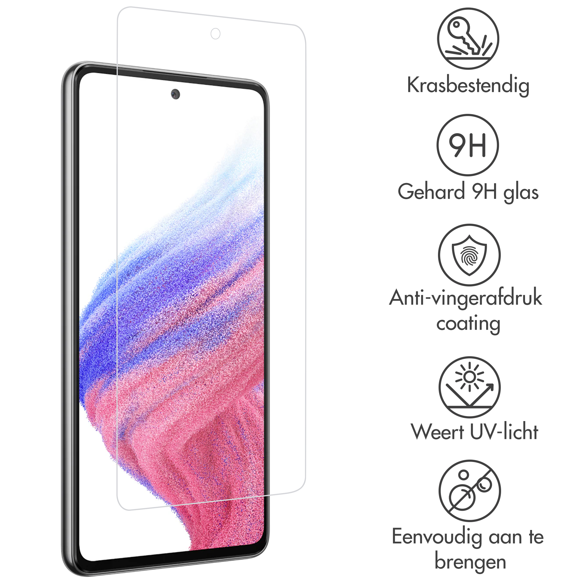 Een telefoon met schermbeschermer. Pictogrammen beschrijven: krasbestendig, 9H glas, anti-vingerafdruk, UV-bescherming, eenvoudig aanbrengen.