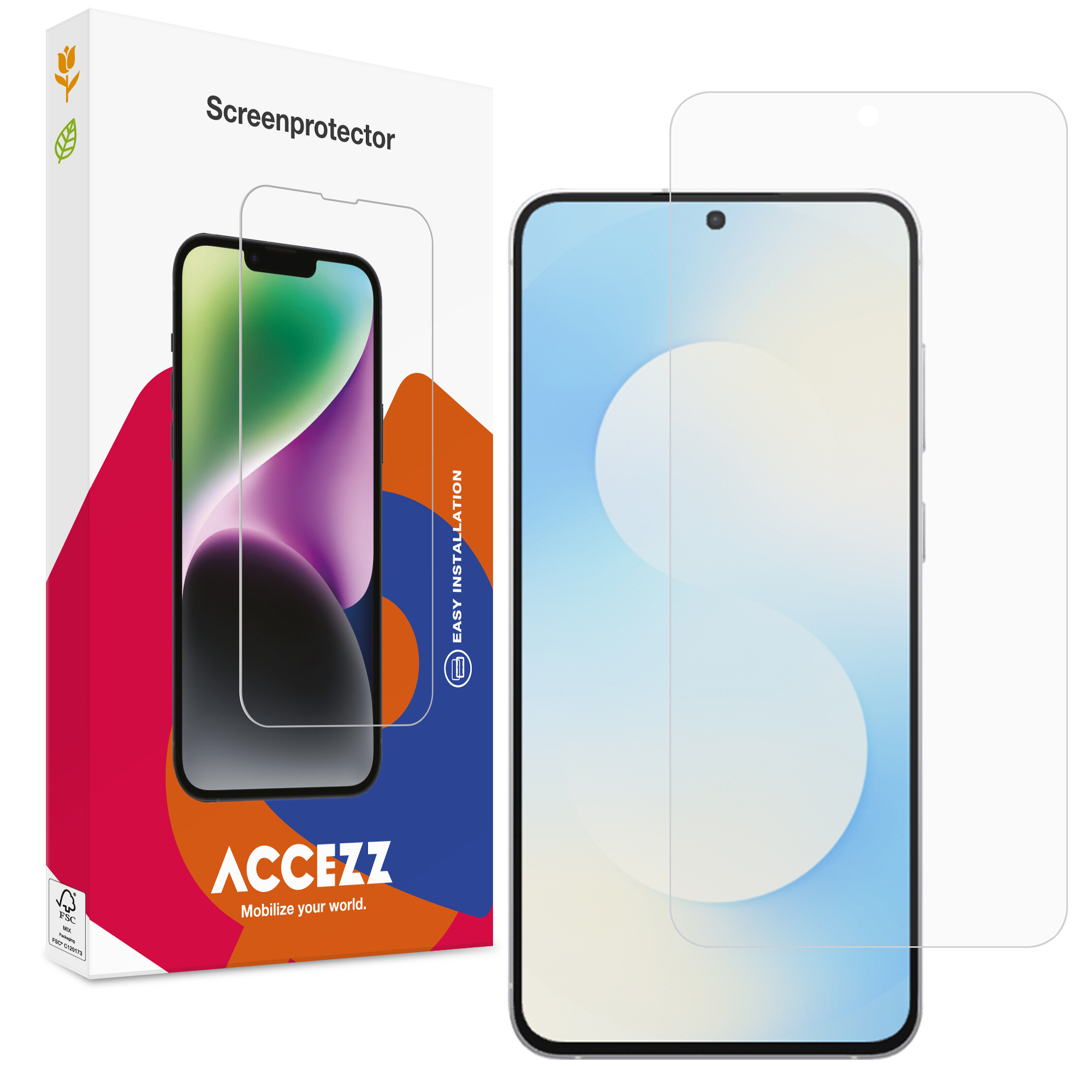 Un protecteur d'écran et un téléphone sont affichés avec une boîte de protecteur d'écran. L'écran du téléphone affiche un dégradé bleu.