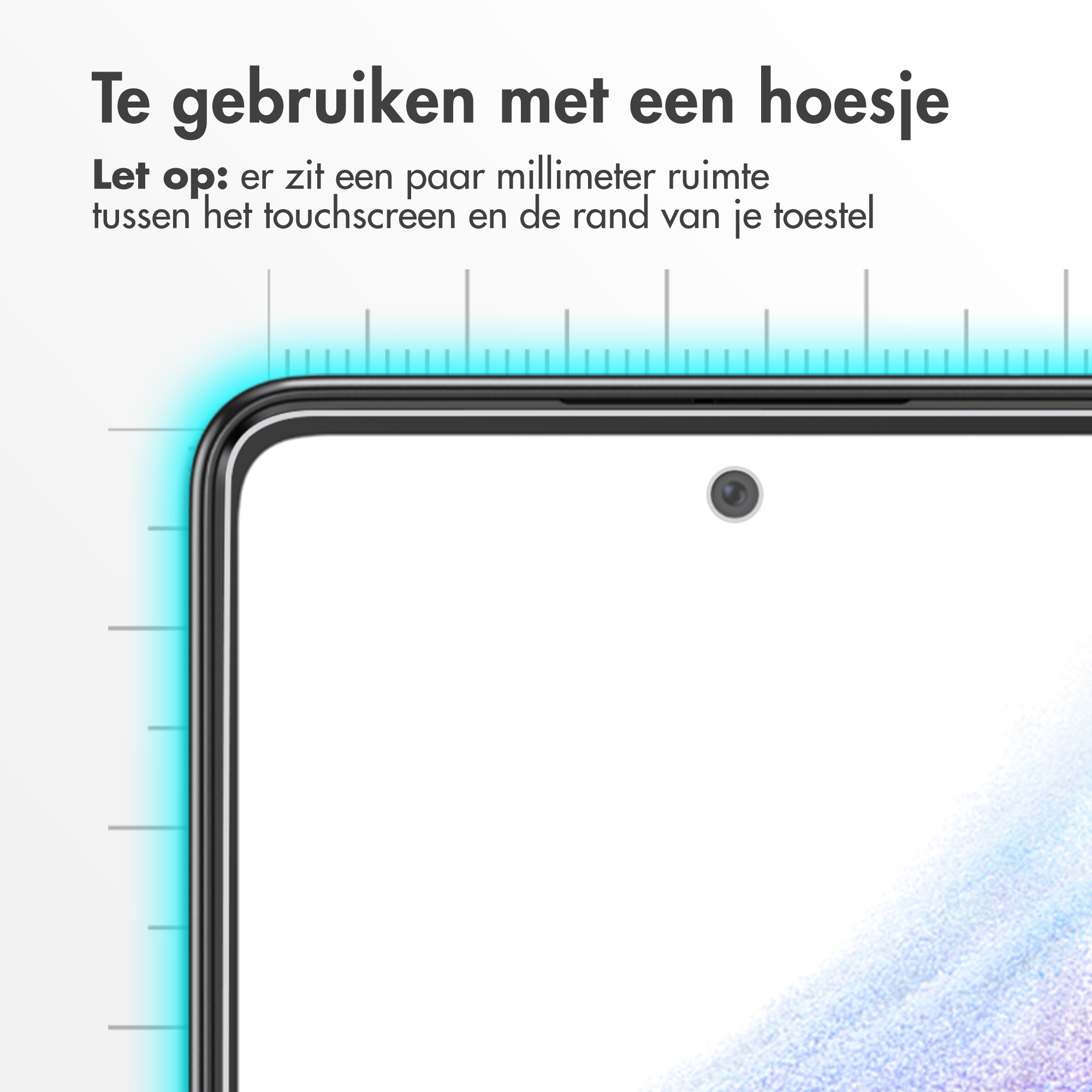 Een close-up van een telefoonscherm. Tekstoverlay luidt: 'Te gebruiken met een hoesje'. Het heeft een camera in het midden.