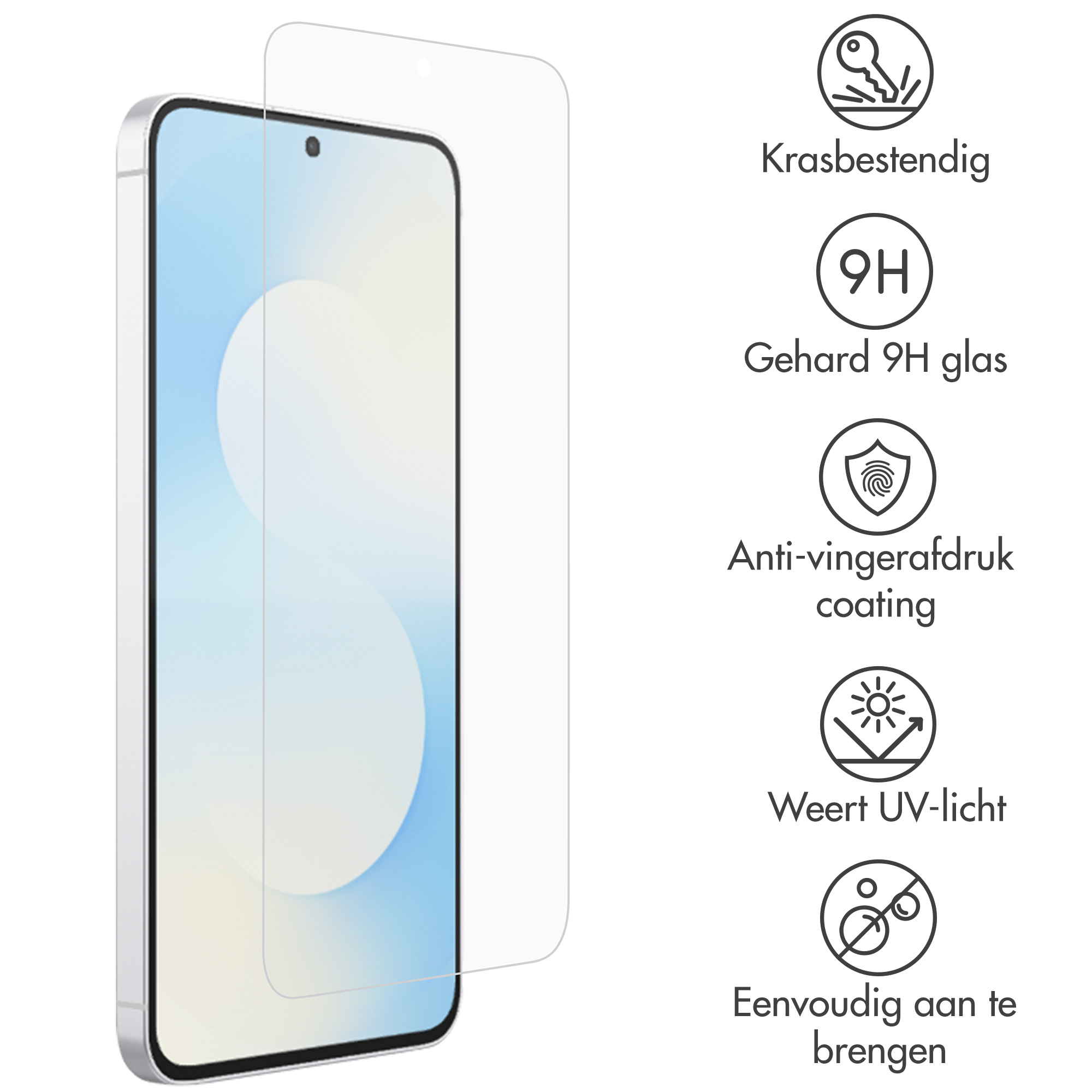 L'image montre un téléphone avec un protecteur d'écran. Le texte décrit les caractéristiques : résistant aux rayures, verre 9H, anti-traces, protection UV, application facile.
