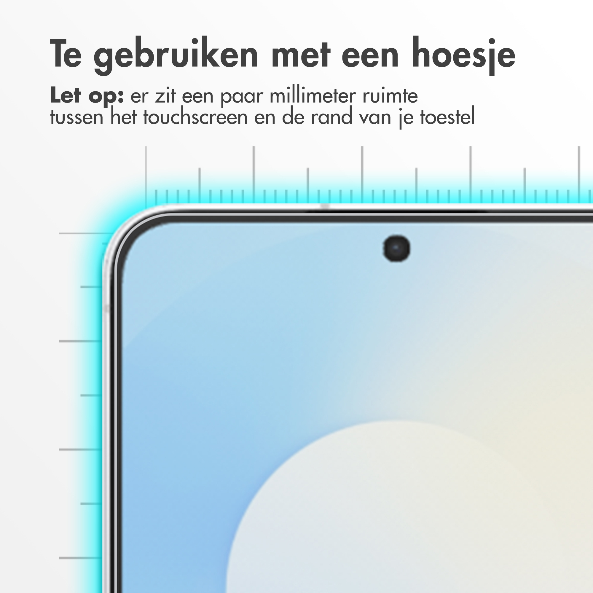 L'image montre un écran de téléphone avec du texte sur l'utilisation d'une coque. Le téléphone est bleu et possède une caméra frontale.