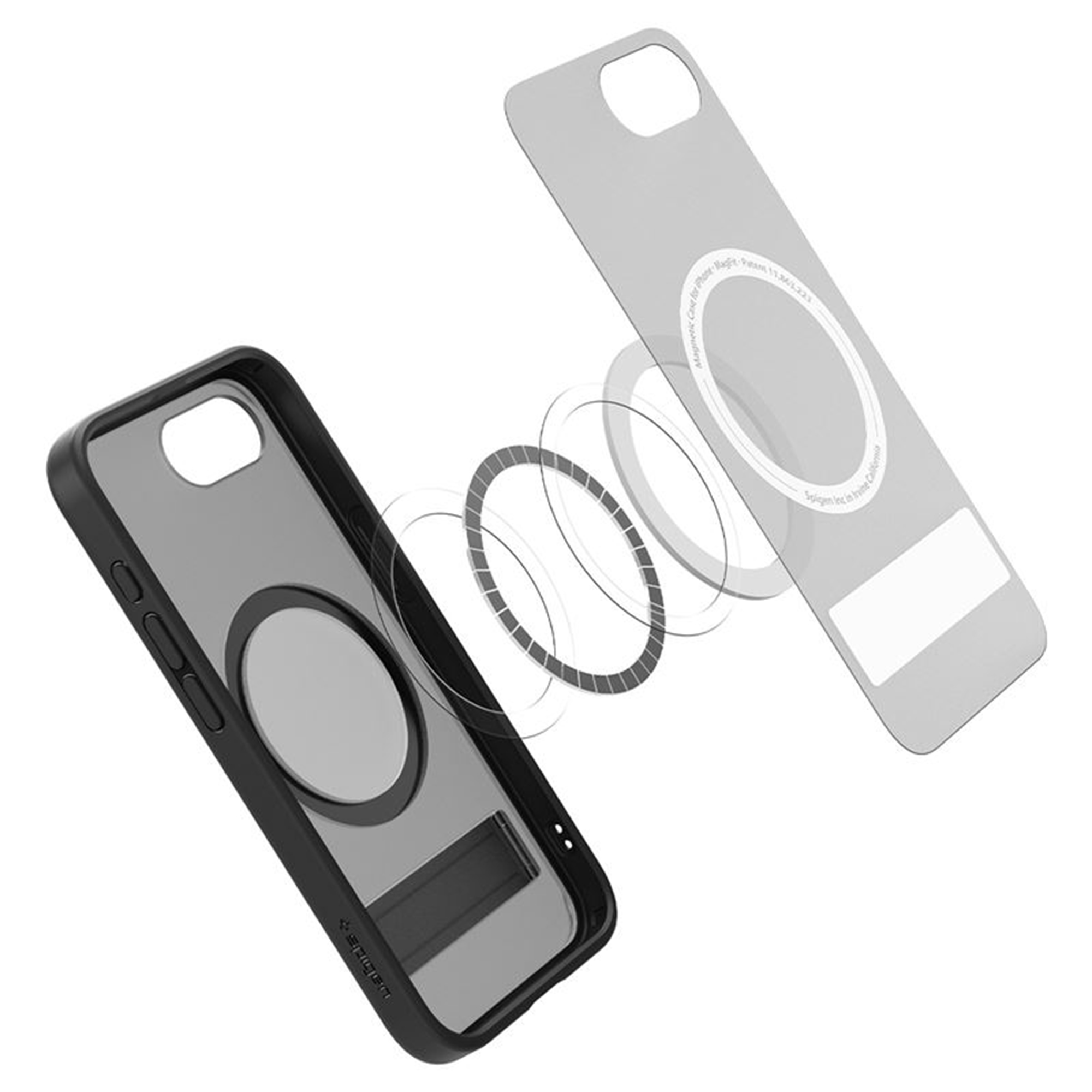 Schwarze Handyhülle mit grauem Rücken und Magnetringen. Ein separates graues Rückenteil wird oben gezeigt.