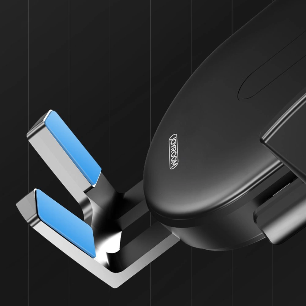 Uchwyt samochodowy na telefon. Czarny i srebrny z niebieskimi akcentami. Logo JOYROOM. Ciemne tło z pionowymi liniami.