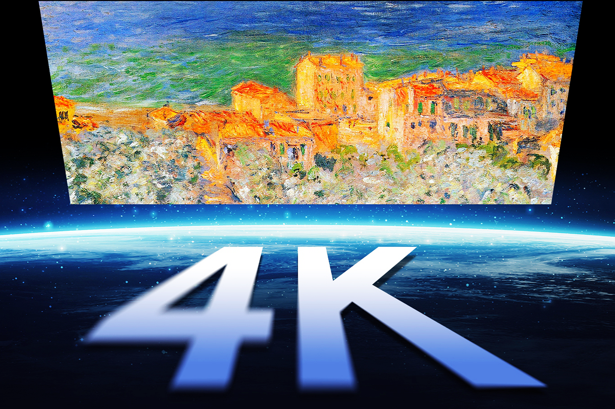 Ein Bild eines Gemäldes einer Stadt liegt über der Erde mit dem Wort 4K davor. Das Gemälde zeigt Häuser und das Meer.