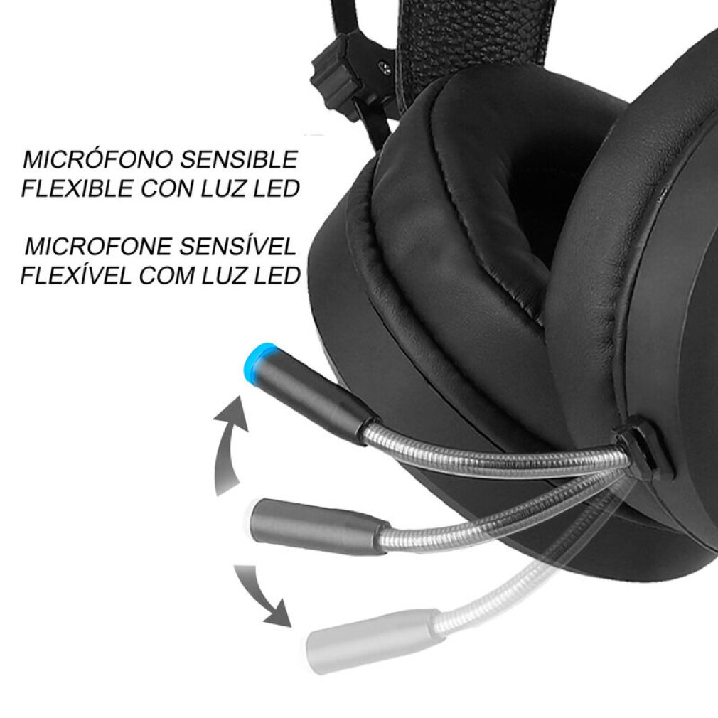 Schwarzes Gaming-Headset mit flexiblem Mikrofon. Das Mikrofon hat ein blaues LED-Licht und wird in verschiedenen Positionen gezeigt.