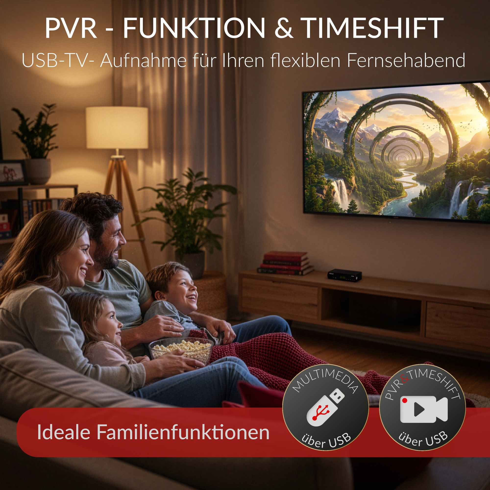 Familie schaut fern, isst Popcorn. Der Fernseher zeigt eine Landschaft. Text: PVR, Timeshift, Multimedia, USB.