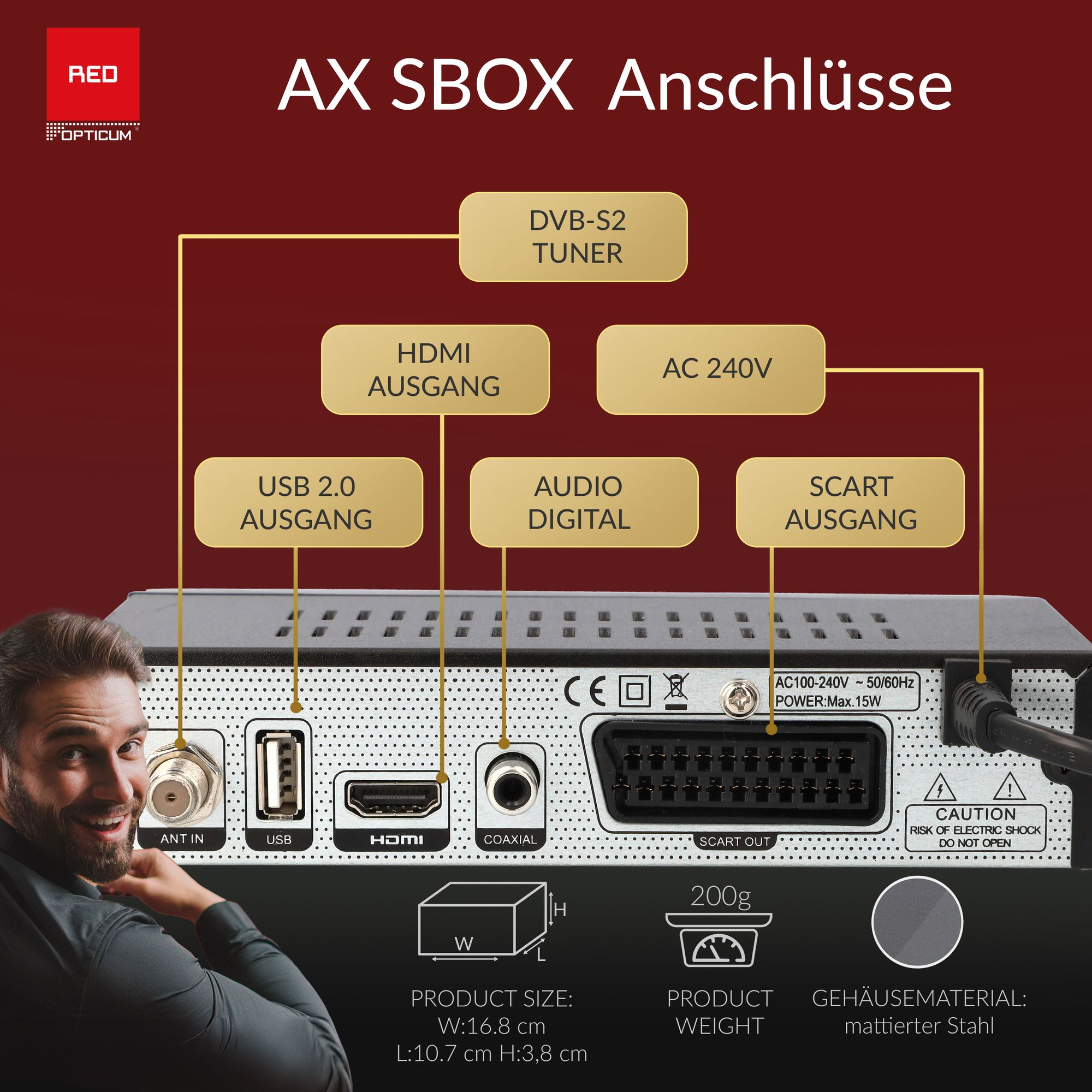 Ein Mann lächelt neben einem schwarzen AX SBOX-Gerät. Etiketten zeigen Anschlüsse: USB, HDMI, Audio und mehr. Text auf Deutsch.