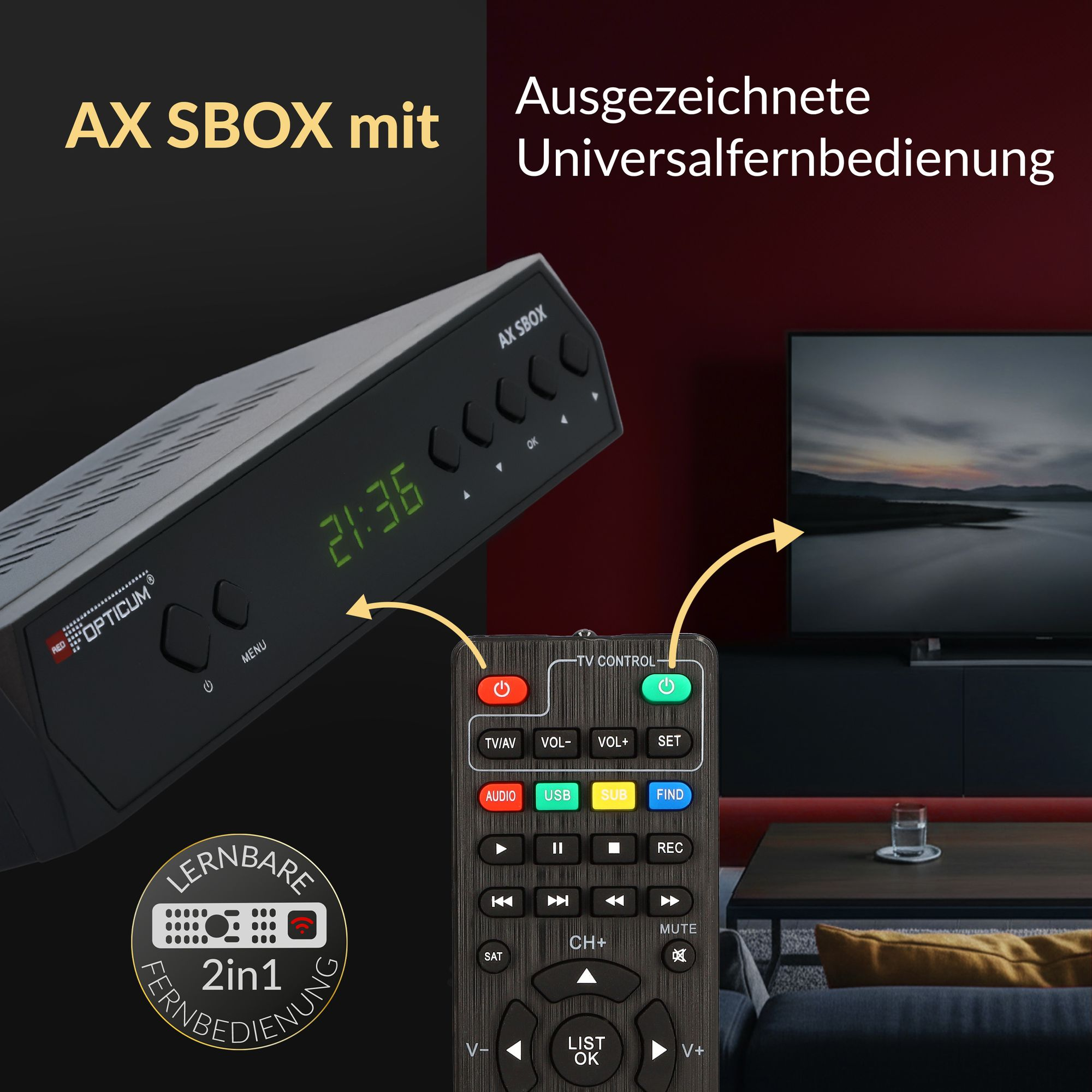 Schwarze AX SBOX mit Fernbedienung, Zeit wird angezeigt. Werbetext: 'Ausgezeichnete Universalfernbedienung'.