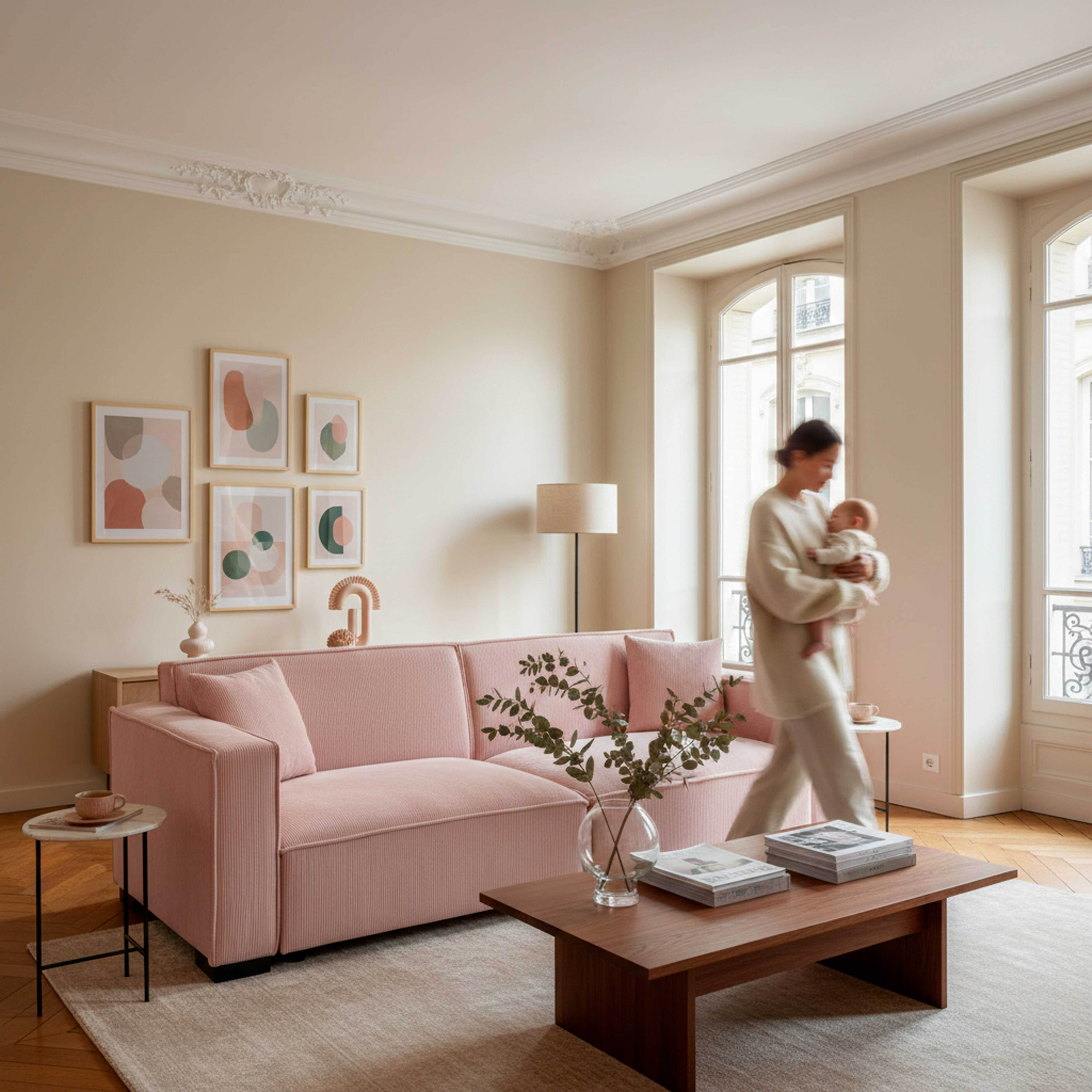 Eine Frau mit einem Baby geht in einem Wohnzimmer mit rosa Sofa, Kunst und Couchtisch.