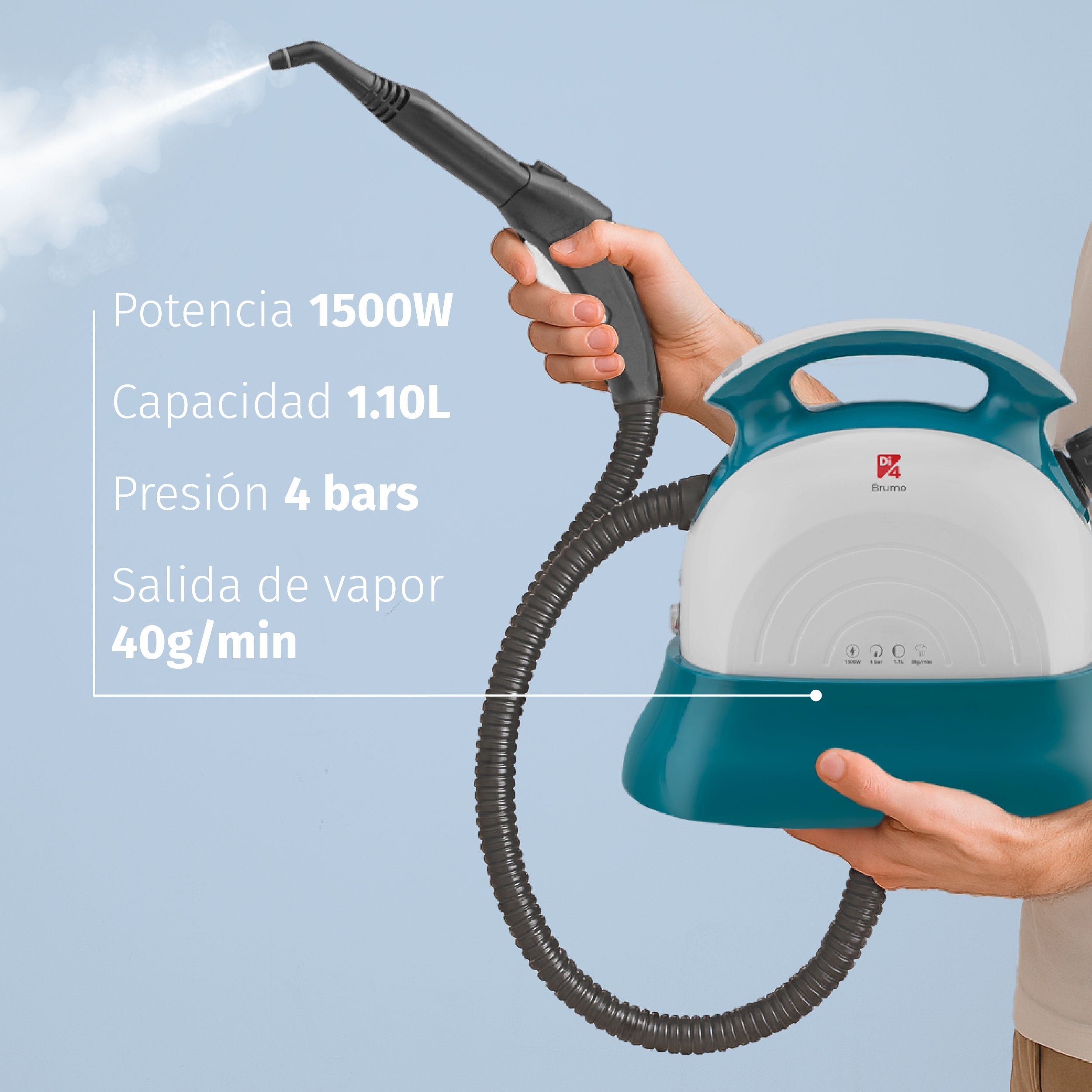 Una persona sostiene un limpiador a vapor turquesa y blanco. El vapor blanco sale de la boquilla. Superposición de texto: 1500W, 1,10L, 4 bares, 40g/min.