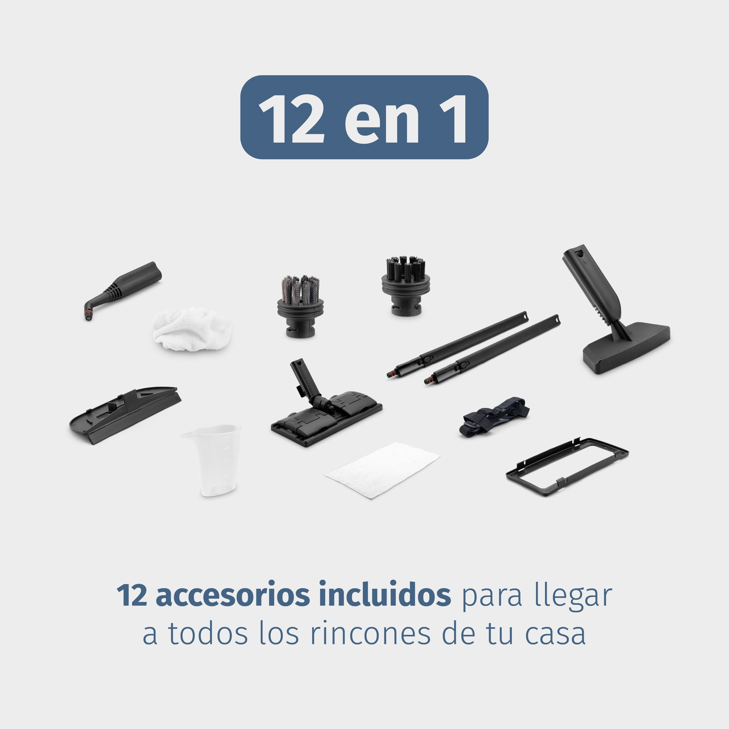 La imagen muestra 12 accesorios de limpieza, incluyendo cepillos y mopas. El texto dice '12 en 1' y '12 accesorios incluidos'.