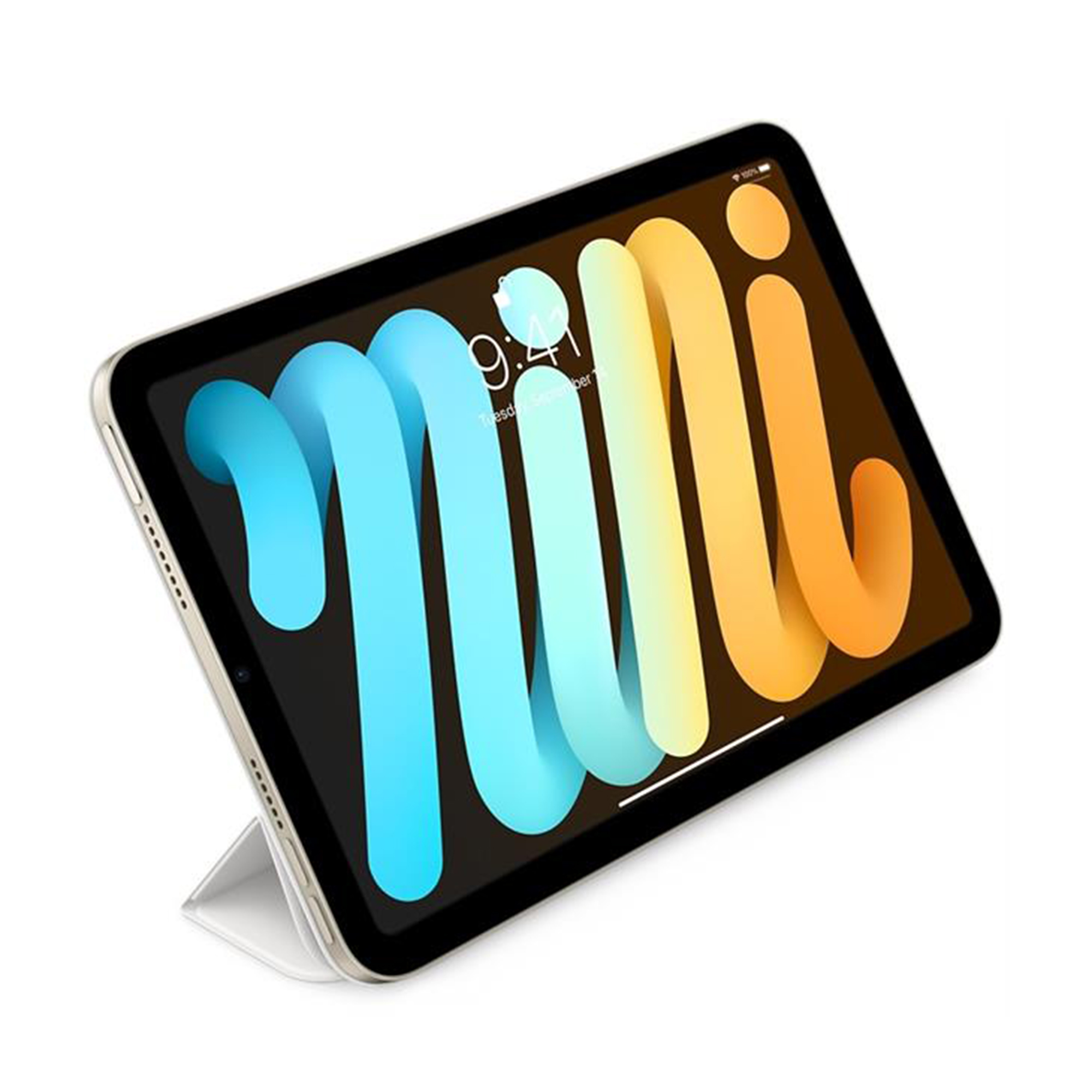 Ein iPad Mini mit farbenfrohem 'Mini'-Hintergrund. Der Bildschirm zeigt die Uhrzeit. Das Gerät steht auf einem weißen Ständer.