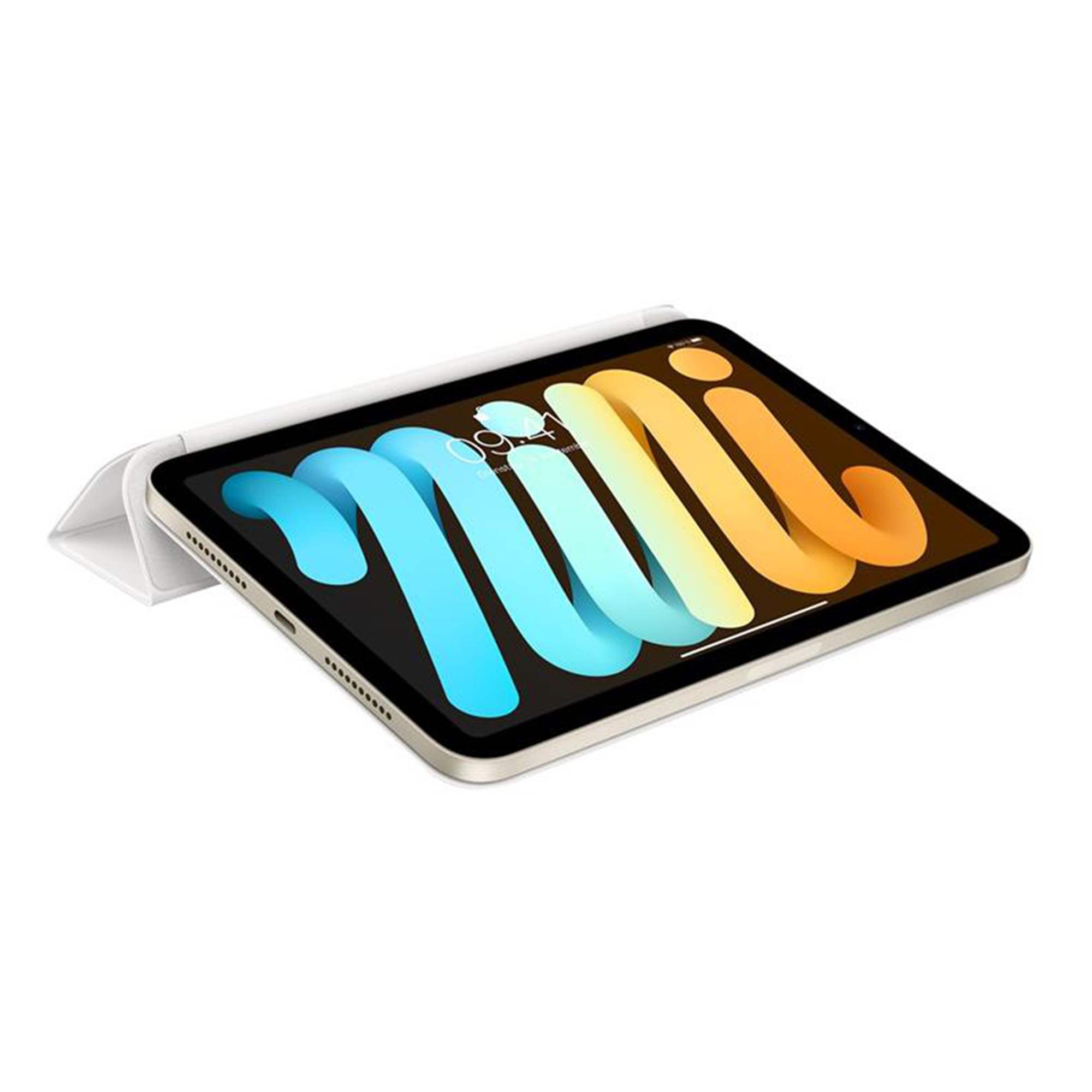 Ein iPad Mini mit Smart Cover und Stift. Der Bildschirm zeigt ein farbenfrohes, abstraktes Design.