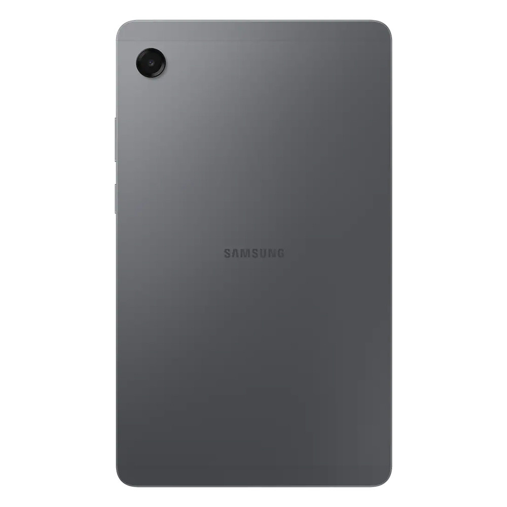 Retro di un tablet Samsung grigio. Presenta una fotocamera, pulsanti del volume e il logo Samsung. Il tablet è rettangolare con angoli arrotondati.