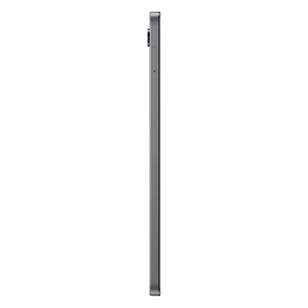Vista laterale di un tablet grigio, che mostra il suo profilo sottile, la fotocamera e i pulsanti. Sfondo bianco.