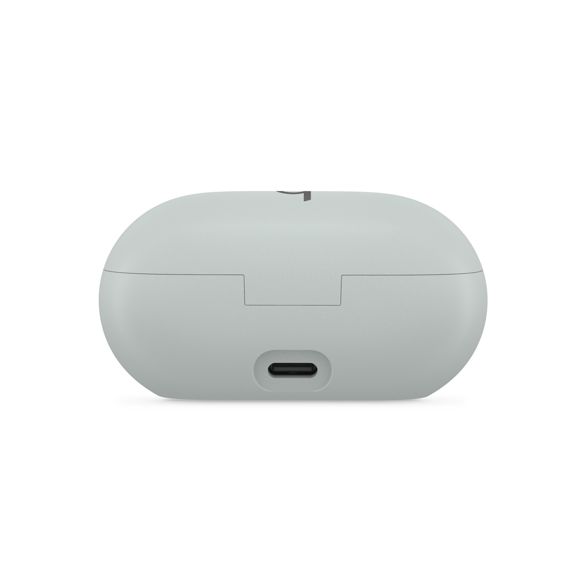 Jasnoszare etui na słuchawki. Ma port ładowania na dole. Na górze znajduje się logo.