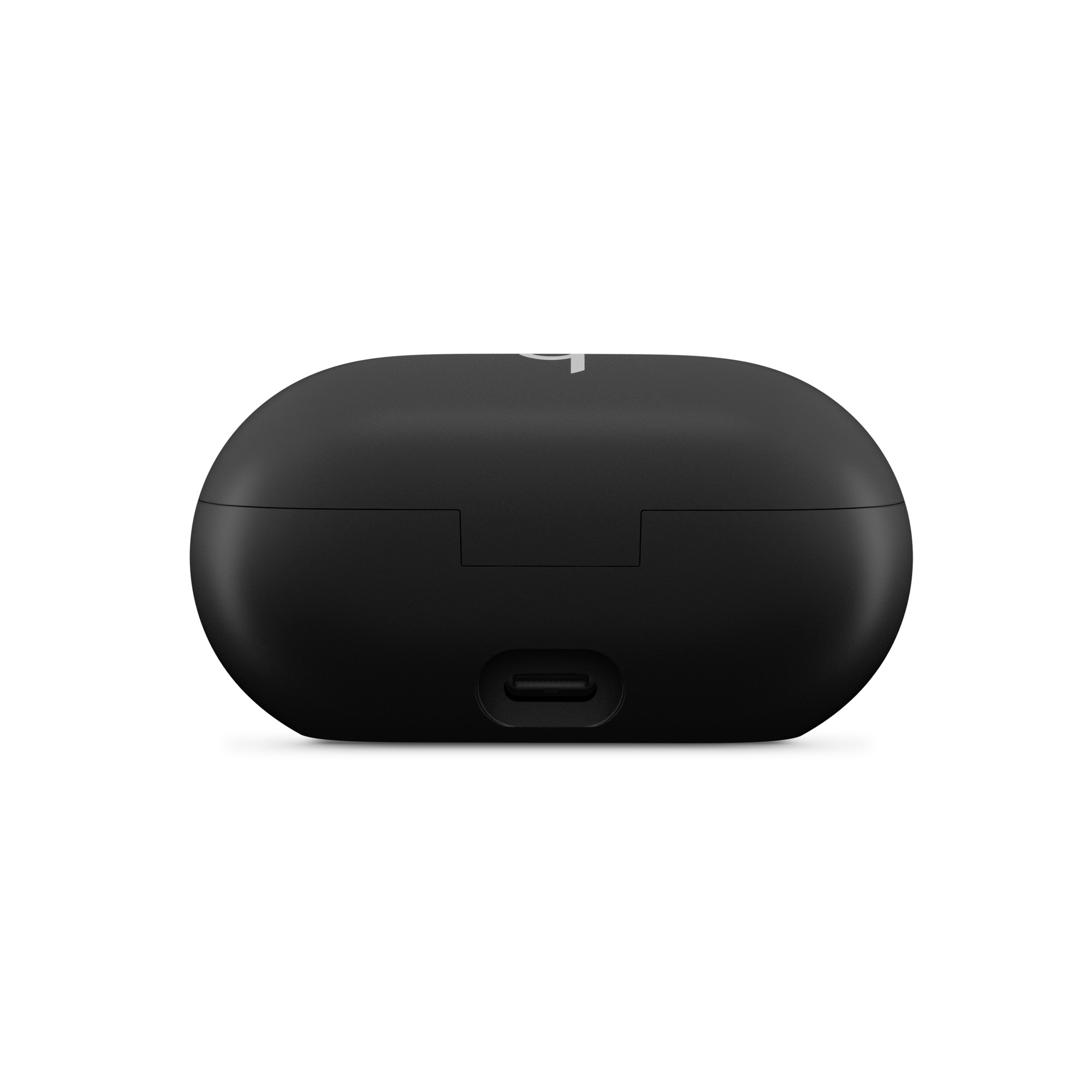 Czarne, owalne etui na słuchawki na białej powierzchni. Logo na górze, port ładowania na dole.