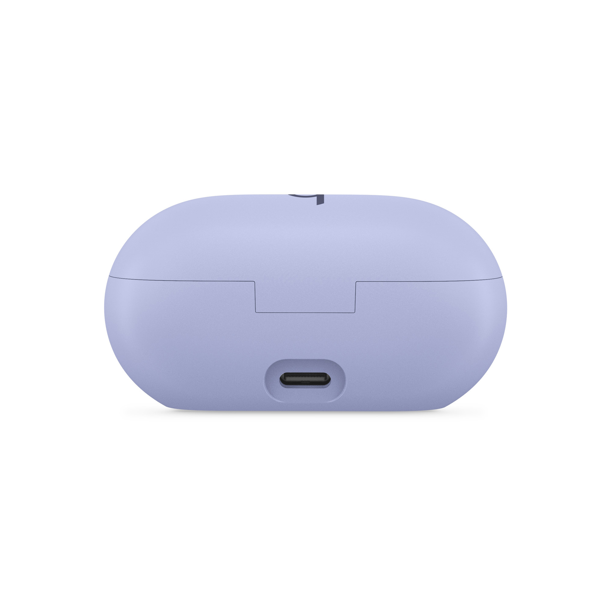 Fioletowe etui ładujące do słuchawek, owalne, z portem USB-C na dole i logo na górze.