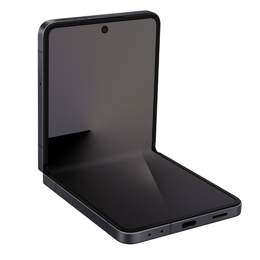 Uno smartphone pieghevole grigio scuro è mostrato parzialmente aperto. Lo schermo è scuro, con una fotocamera in alto. Il telefono è su sfondo bianco.