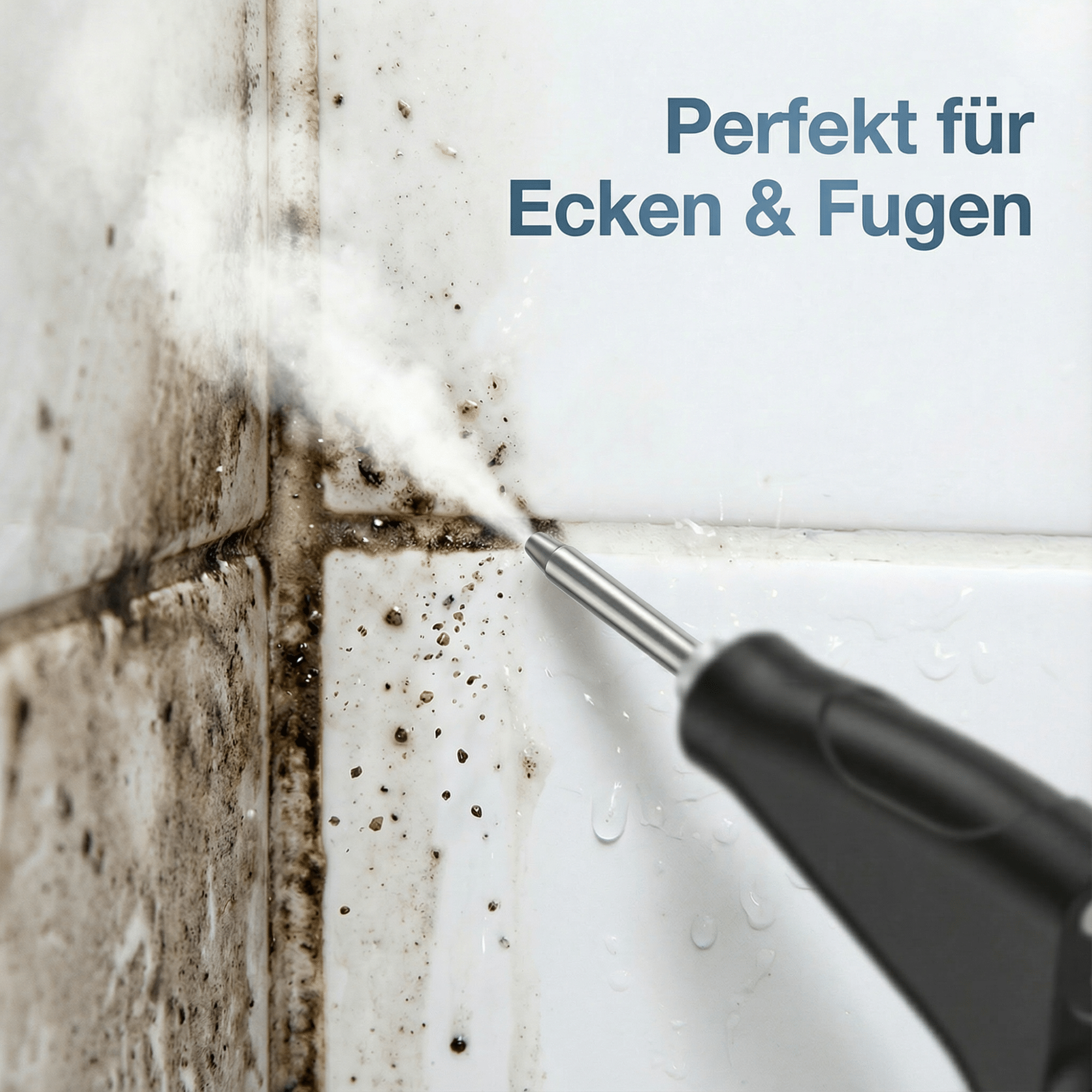 Ein Dampfreiniger reinigt eine Fliesenecke mit Schimmel. Text 'Perfekt für Ecken & Fugen' ist oben.