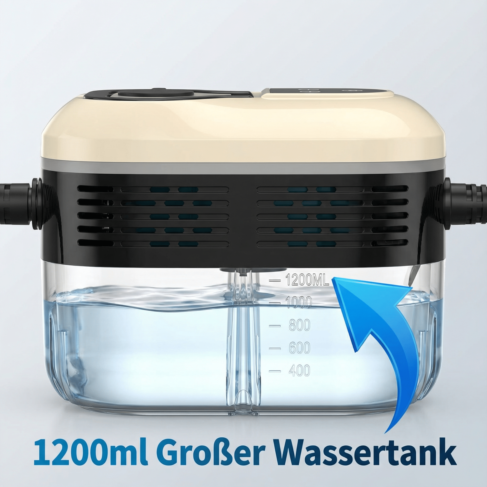 Ein cremefarbener und schwarzer Wassertank mit einem blauen Pfeil, der auf den Wasserstand zeigt. Der Text lautet: 1200ml Großer Wassertank.