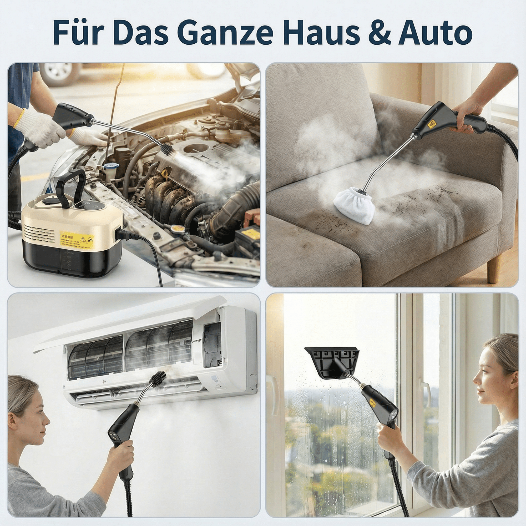 Das Bild zeigt einen Dampfreiniger, der an einem Automotor, einer Couch, einer Klimaanlage und einem Fenster verwendet wird.