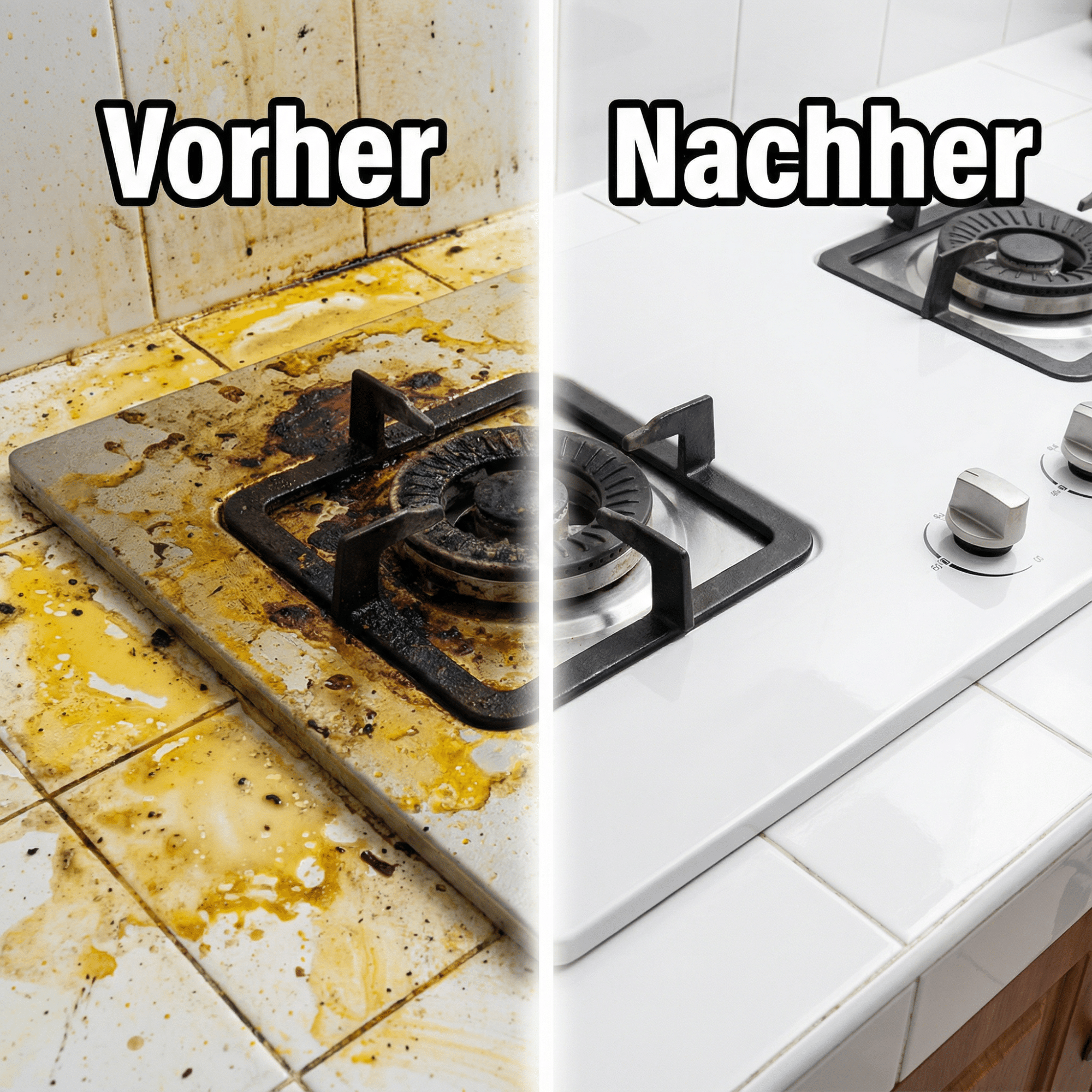 Vorher und nachher der Reinigung eines Kochfelds. Die linke Seite ist schmutzig, die rechte sauber und weiß.