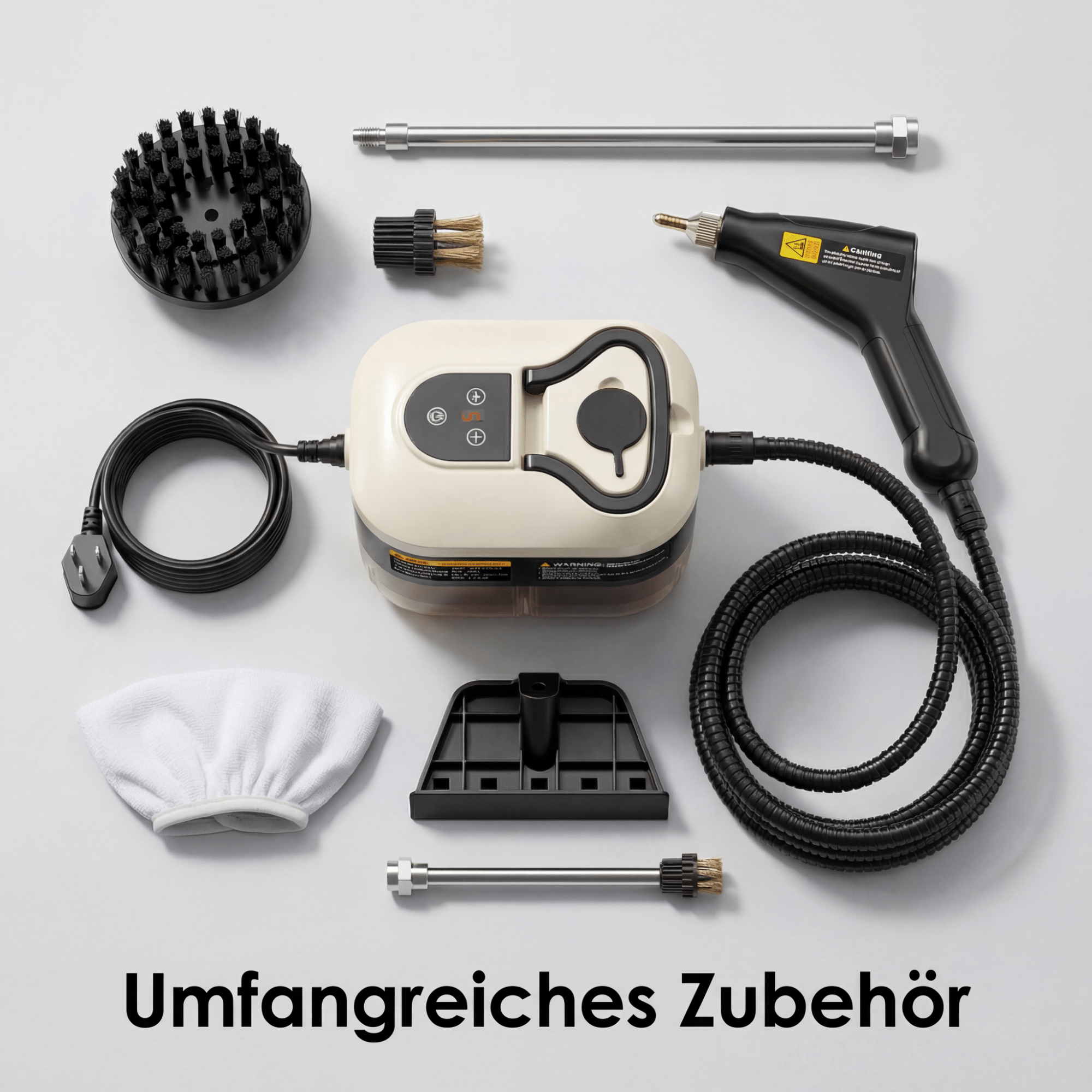 Dampfreiniger und Zubehör. Enthält Bürstenköpfe, Dampfdüse, Reinigungspads und verschiedene Aufsätze, alles auf weißem Untergrund.