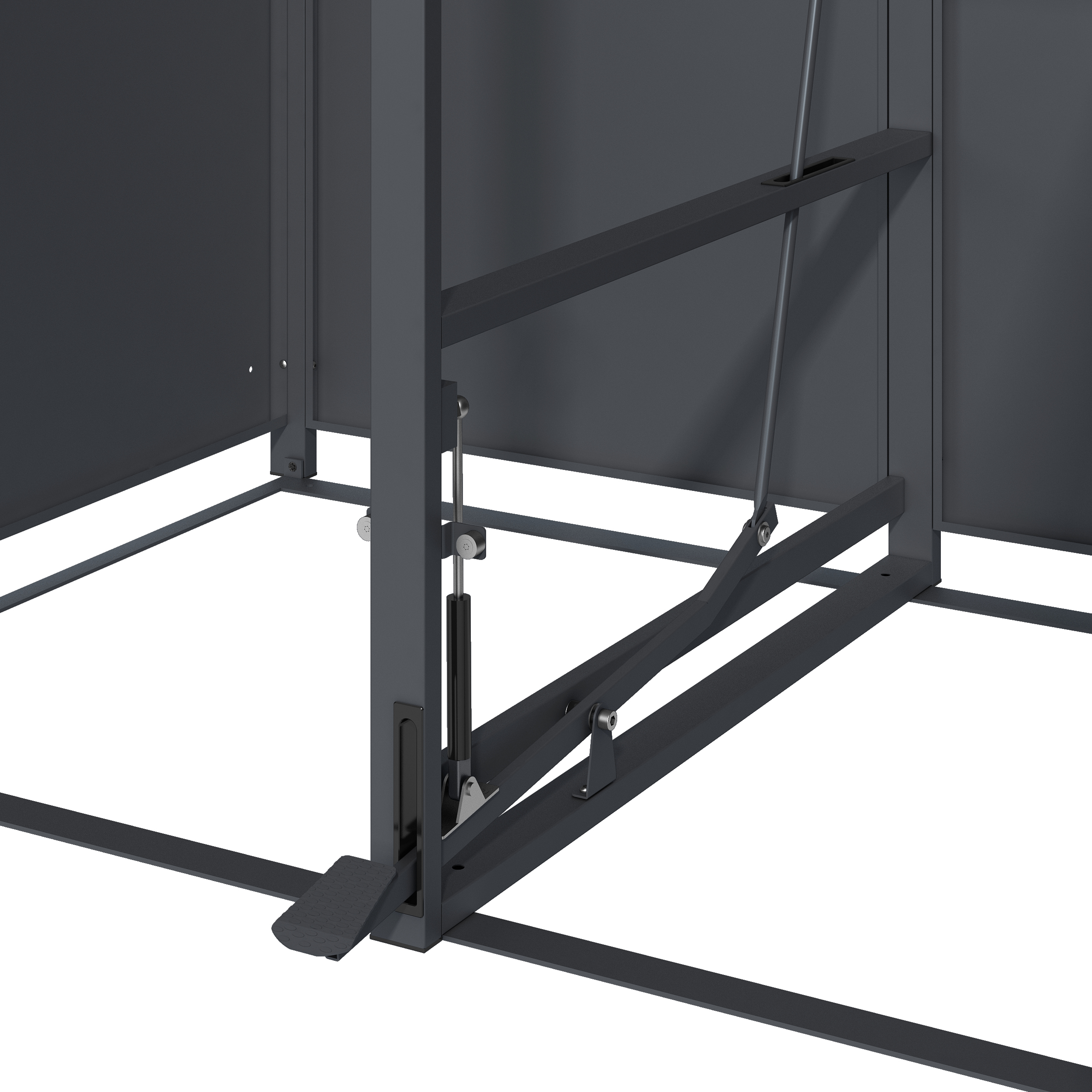 Eine dunkelgraue Metallstruktur mit einem Hebemechanismus. Nahaufnahme vor weißem Hintergrund.