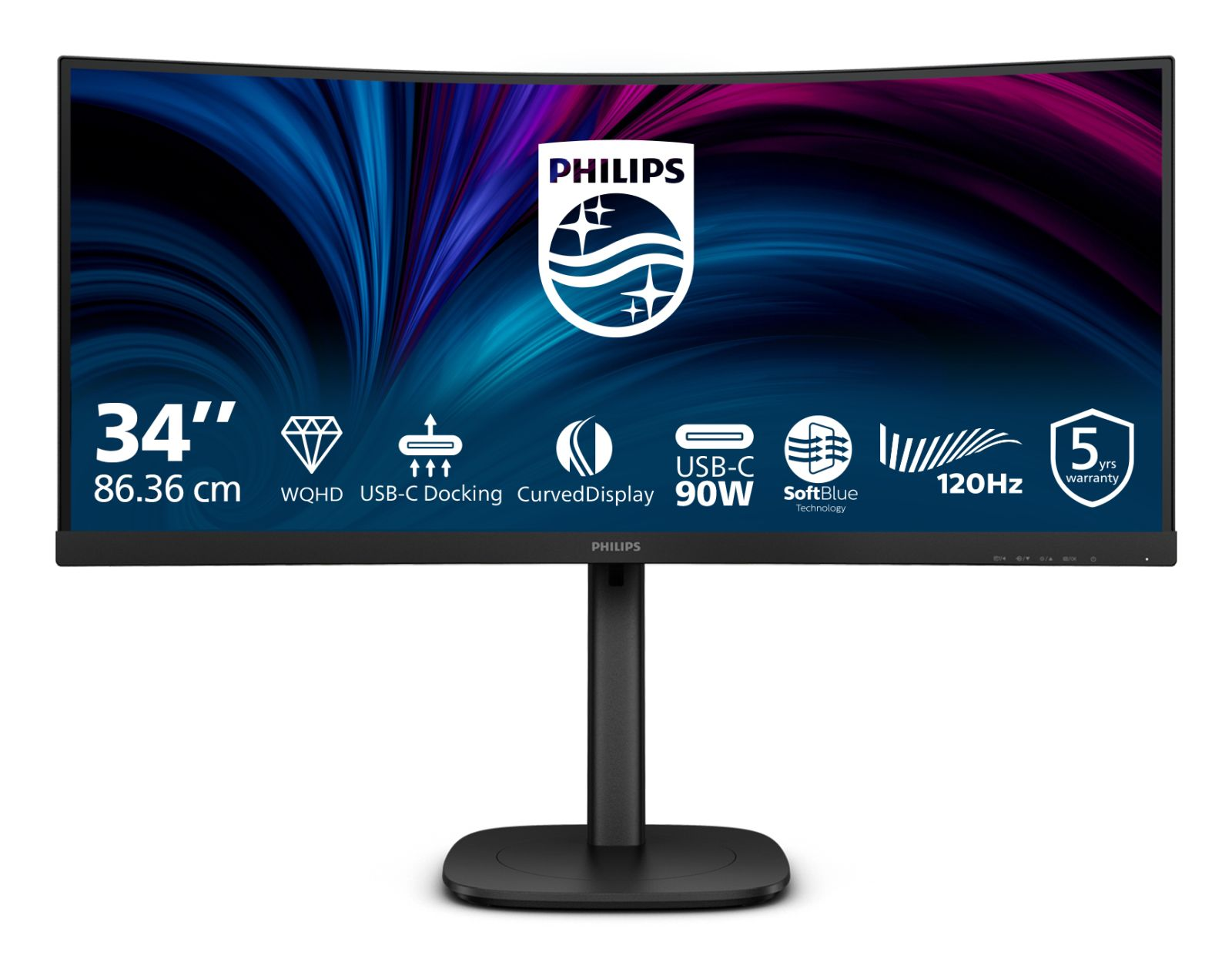 Zakrzywiony monitor Philips. Posiada duży ekran z różnymi ikonami wskazującymi jego funkcje oraz logo Philips.
