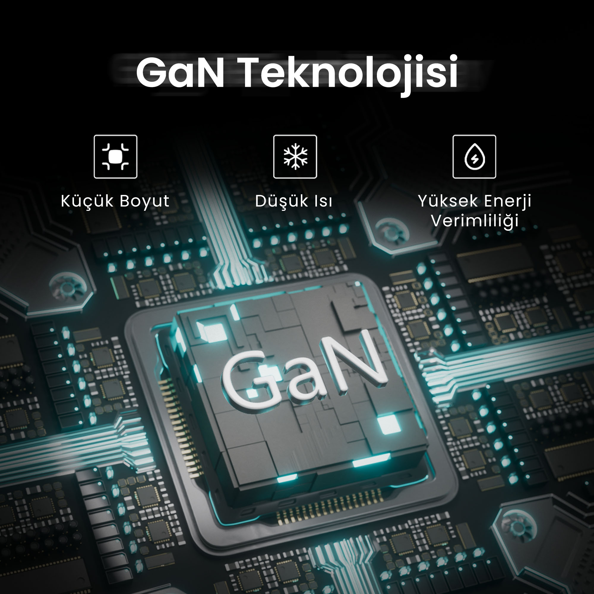 Obraz przedstawia technologię GaN z ikonami dla małego rozmiaru, niskiej temperatury i wysokiej efektywności energetycznej na płytce drukowanej.