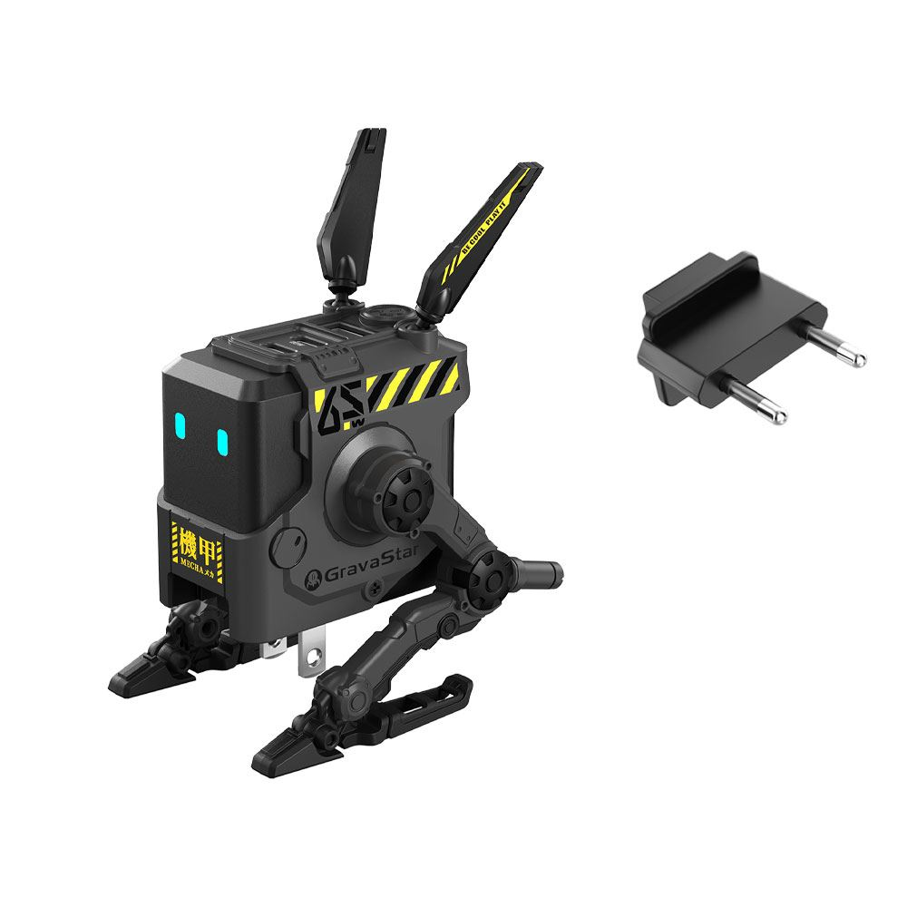 Sarı detaylara ve fişe sahip siyah bir robot. İki anteni var. Ayrı bir siyah fiş sağda duruyor.