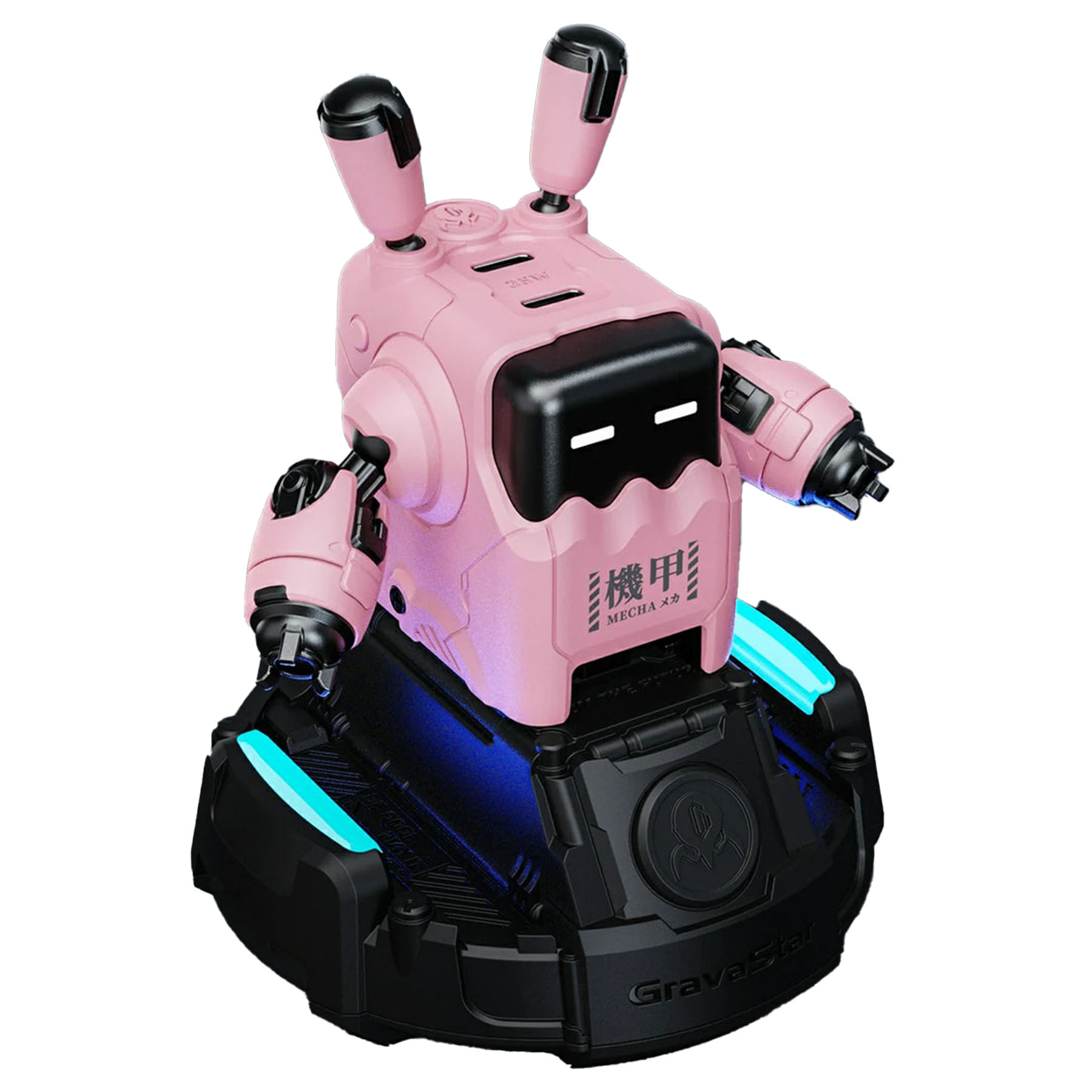Siyah detaylara, siyah tabana ve mavi ışıklara sahip pembe robot oyuncak. Robotun iki anteni ve kare bir yüzü var.