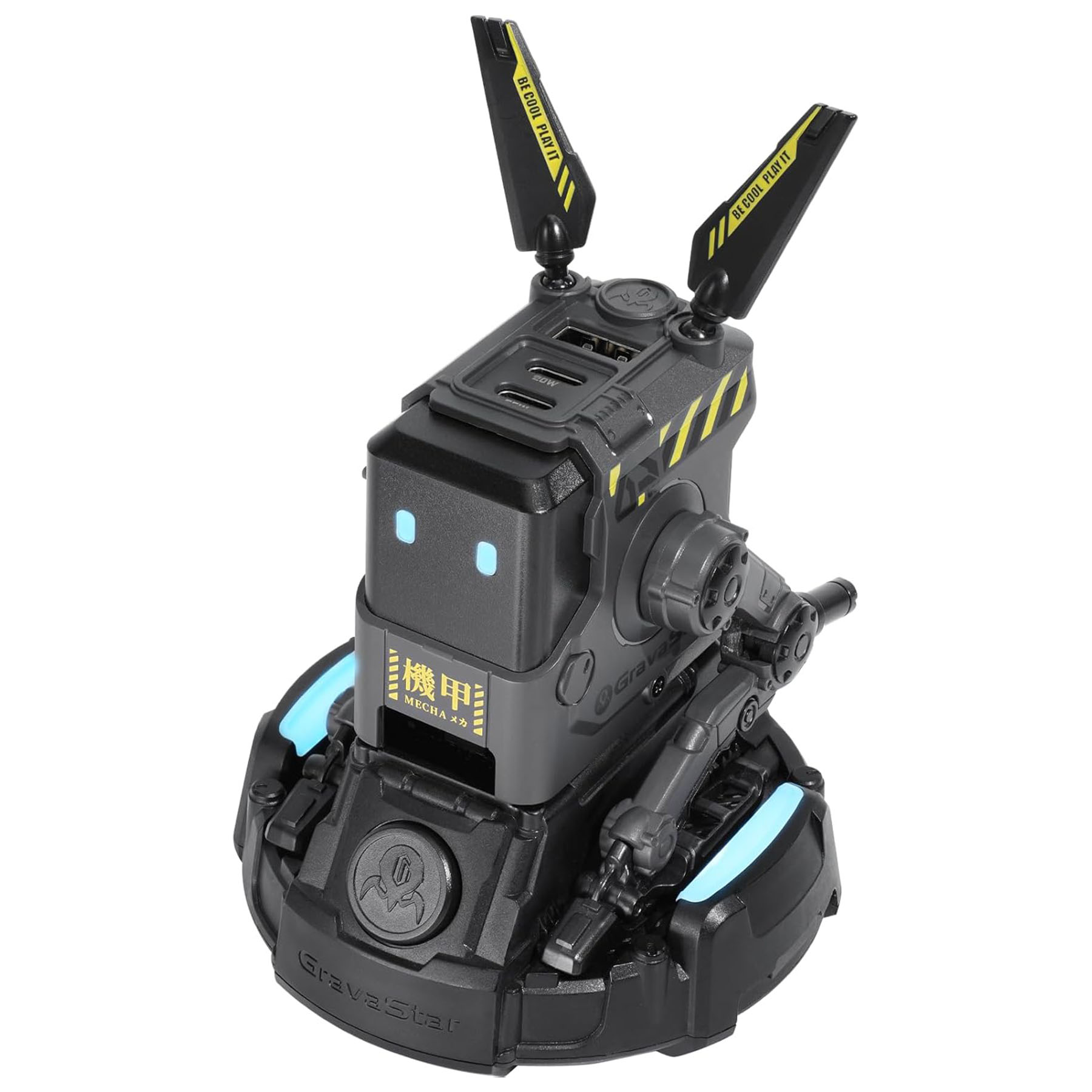 Sarı çizgili, mavi ışıklı ve "BE COOL PLAY IT" yazılı robot benzeri bir şarj cihazı. Kolları ve bir tabanı var.