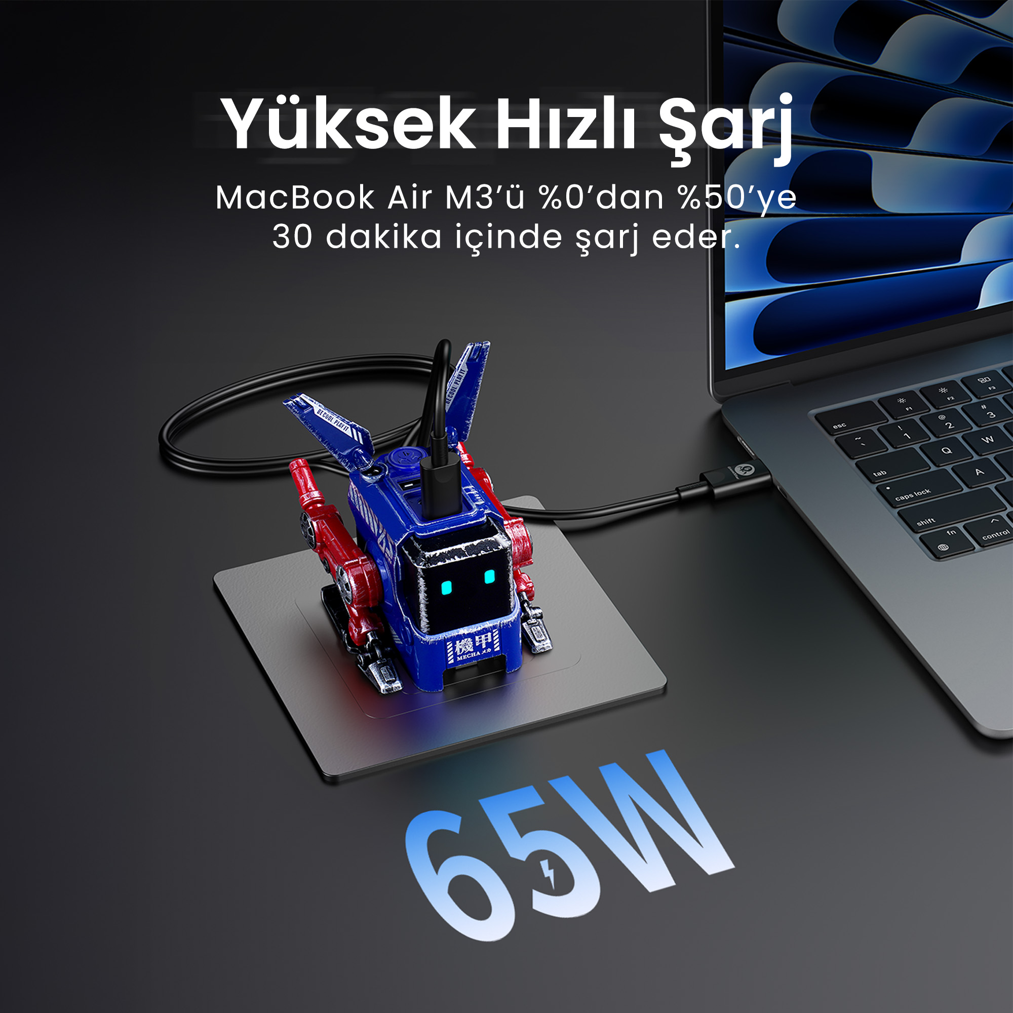 Laptop ładuje się za pomocą ładowarki w kształcie robota. Tekst mówi 'High Speed Charging' i '65W'.