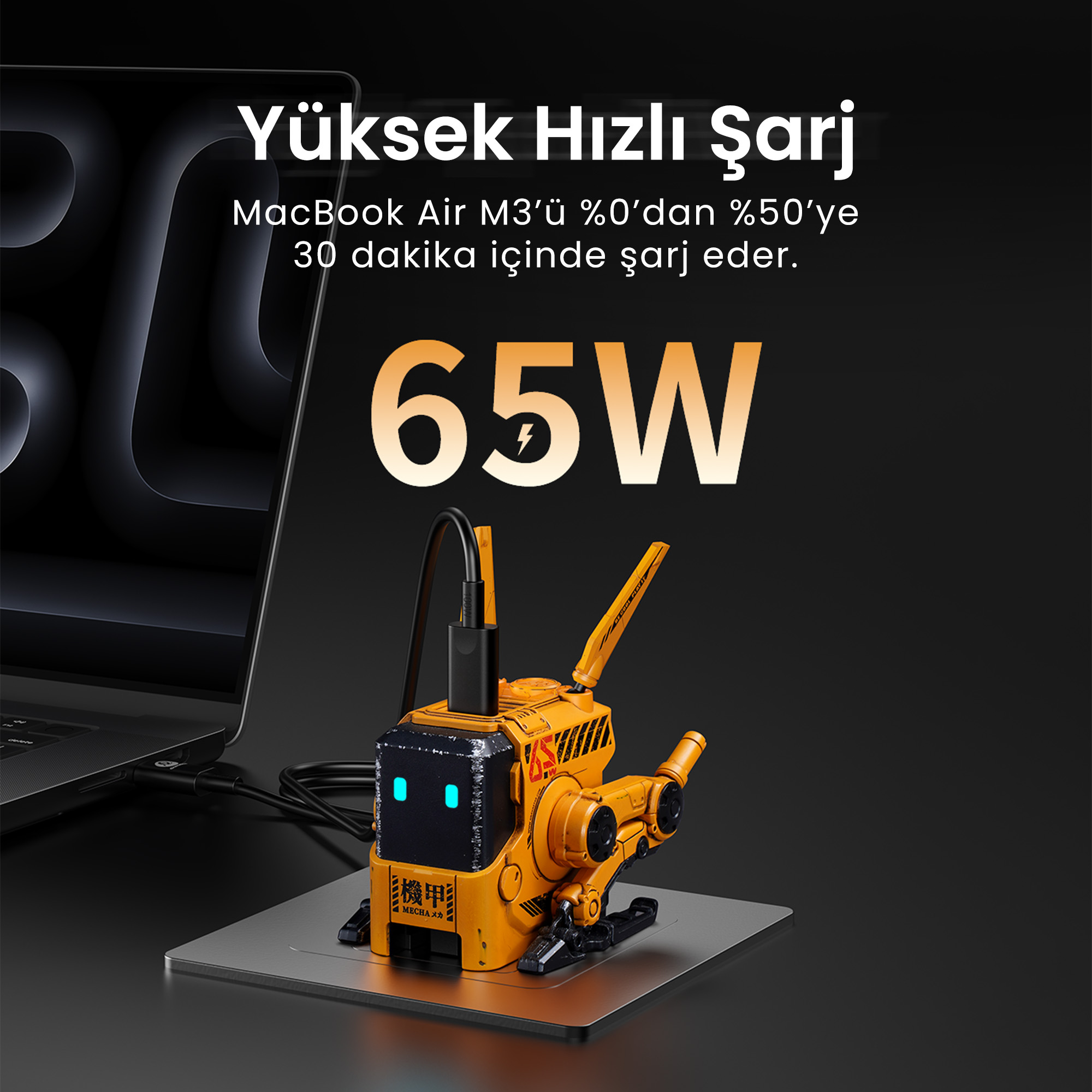 Turuncu bir robot bir MacBook'u şarj ediyor. Ekranda metin var ve '65W' belirgin bir şekilde gösteriliyor.