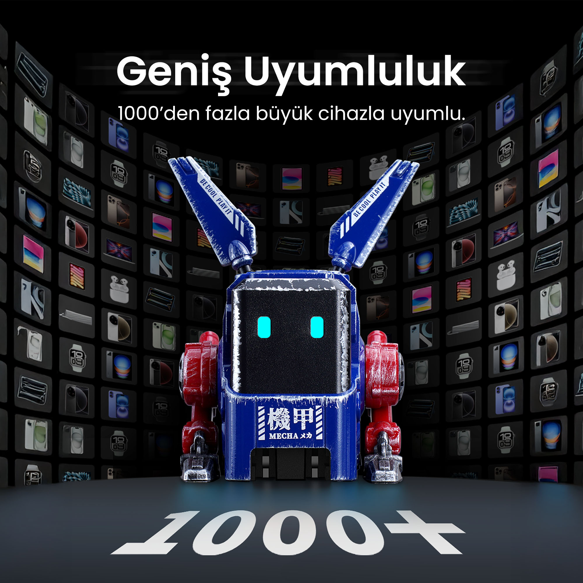Robot z niebieskimi i czerwonymi detalami, z tłem ikon telefonów. Tekst mówi '1000+' i 'Geniş Uyumluluk'.
