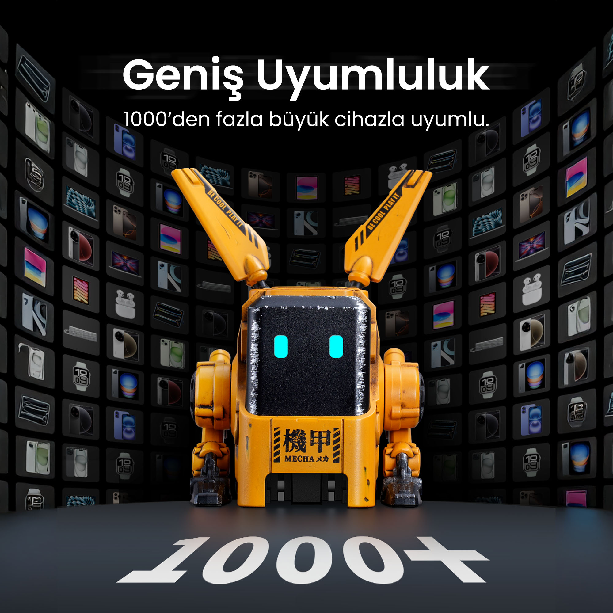 Mavi gözlü sarı bir robot, telefon ekranlarından oluşan bir duvarın önünde duruyor, metin '1000+' uyumluluk diyor.