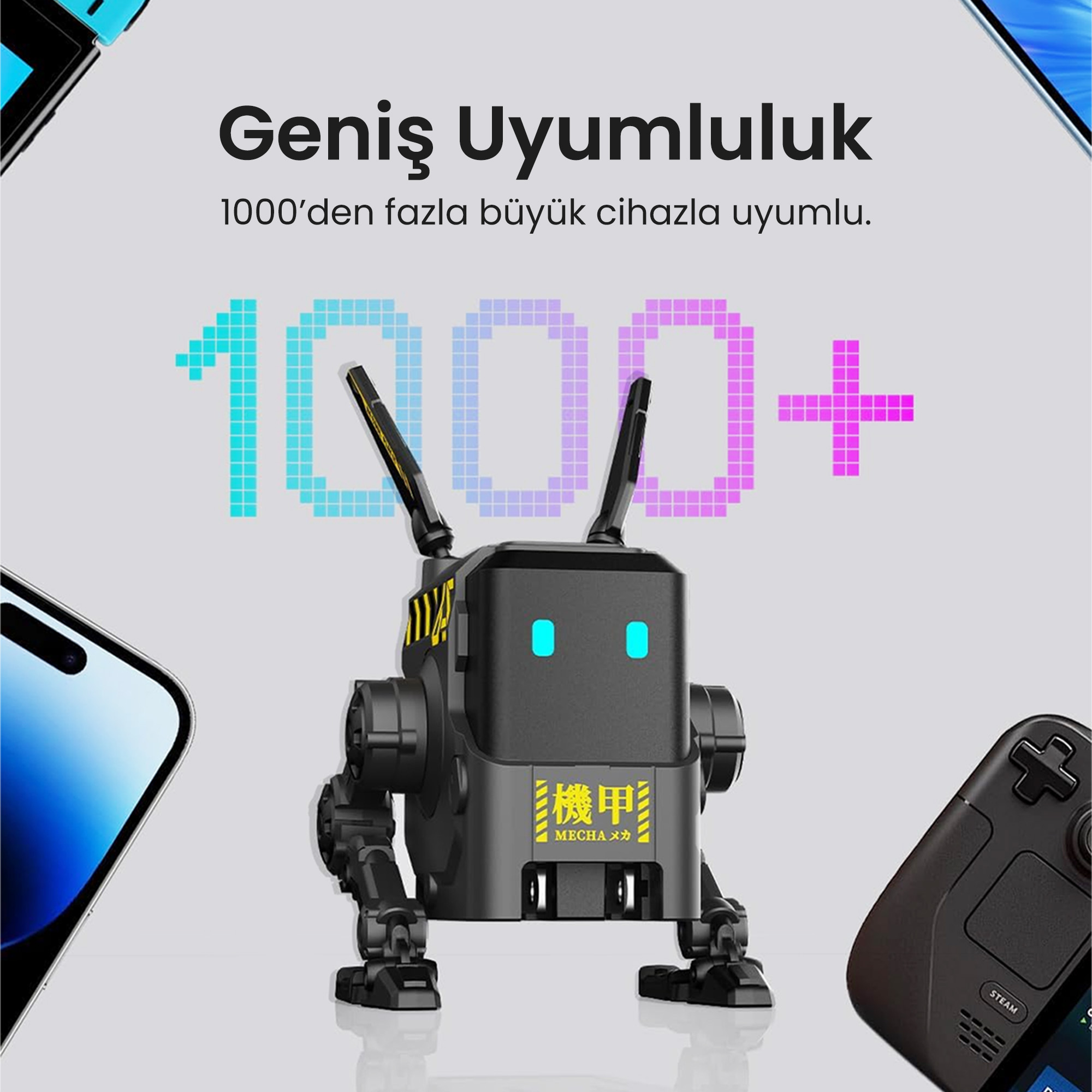 Antenli bir robot, '1000+' metni, bir telefon ve bir oyun kumandası görünür.