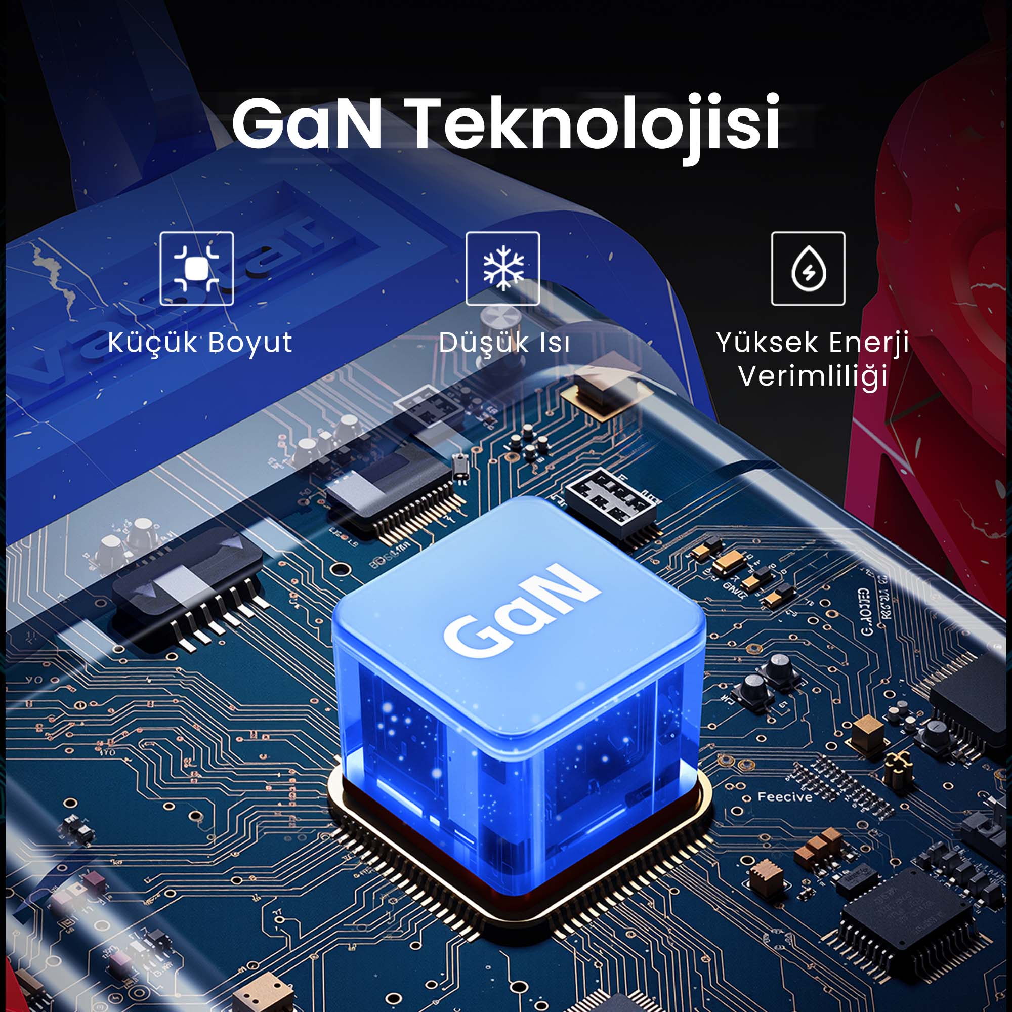 Niebieska ilustracja technologii GaN na płytce obwodu drukowanego, z ikonami wskazującymi na mały rozmiar, niskie ciepło i wysoką efektywność energetyczną.