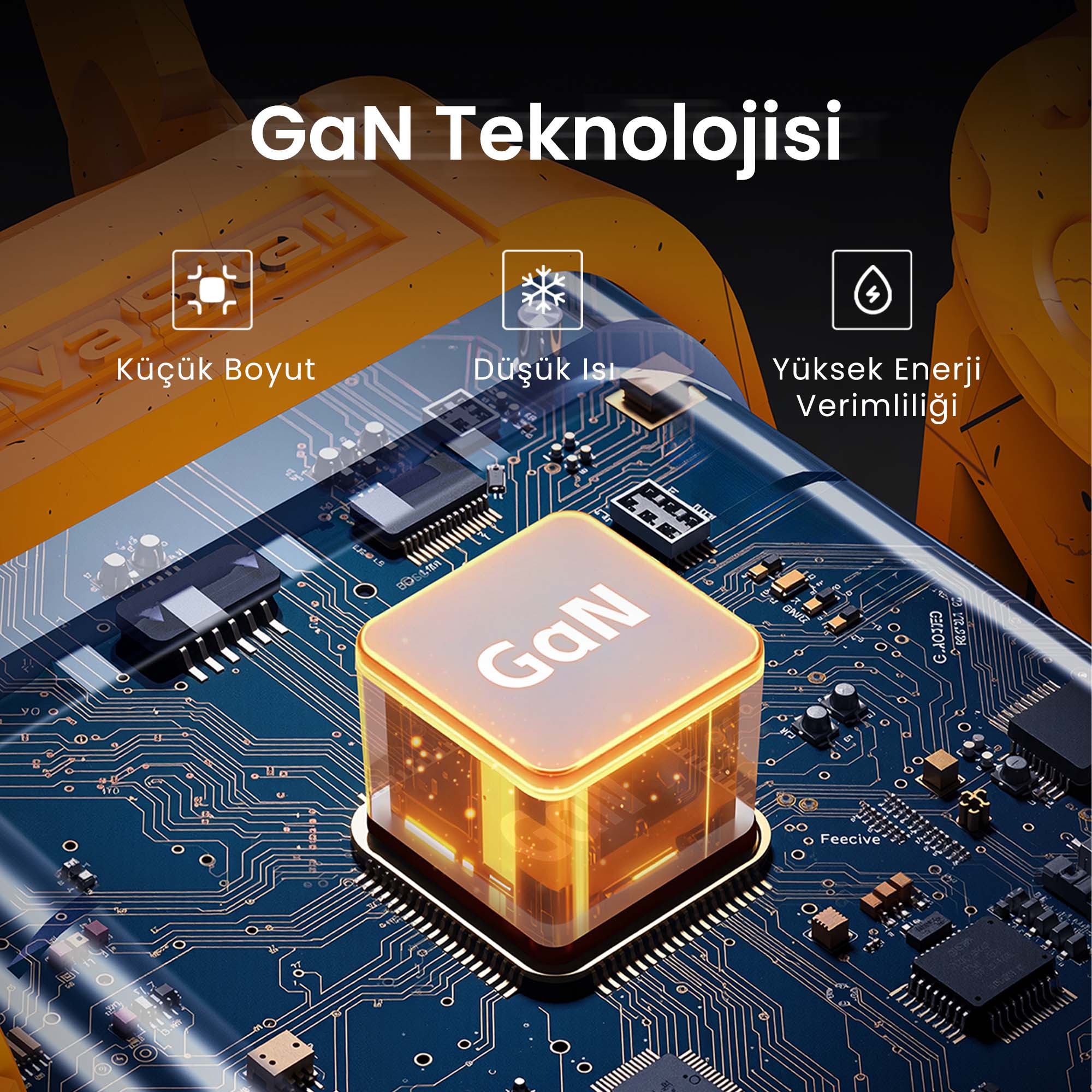 Görüntü, bir GaN teknolojisi konseptini gösteriyor. Parlayan bir GaN çipi ve boyut, ısı ve enerji simgeleri olan bir devre kartı var.