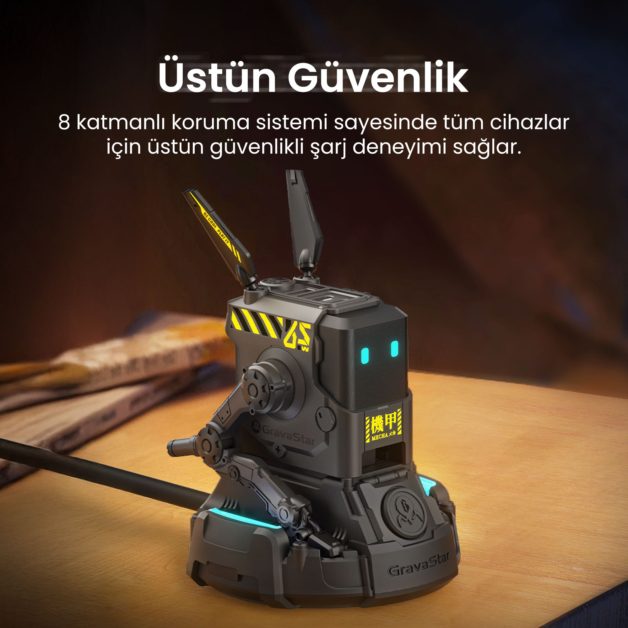 Robot benzeri bir şarj cihazı ahşap bir yüzeyde duruyor. Siyah, sarı detaylı ve parlak mavi ışıklara sahip.