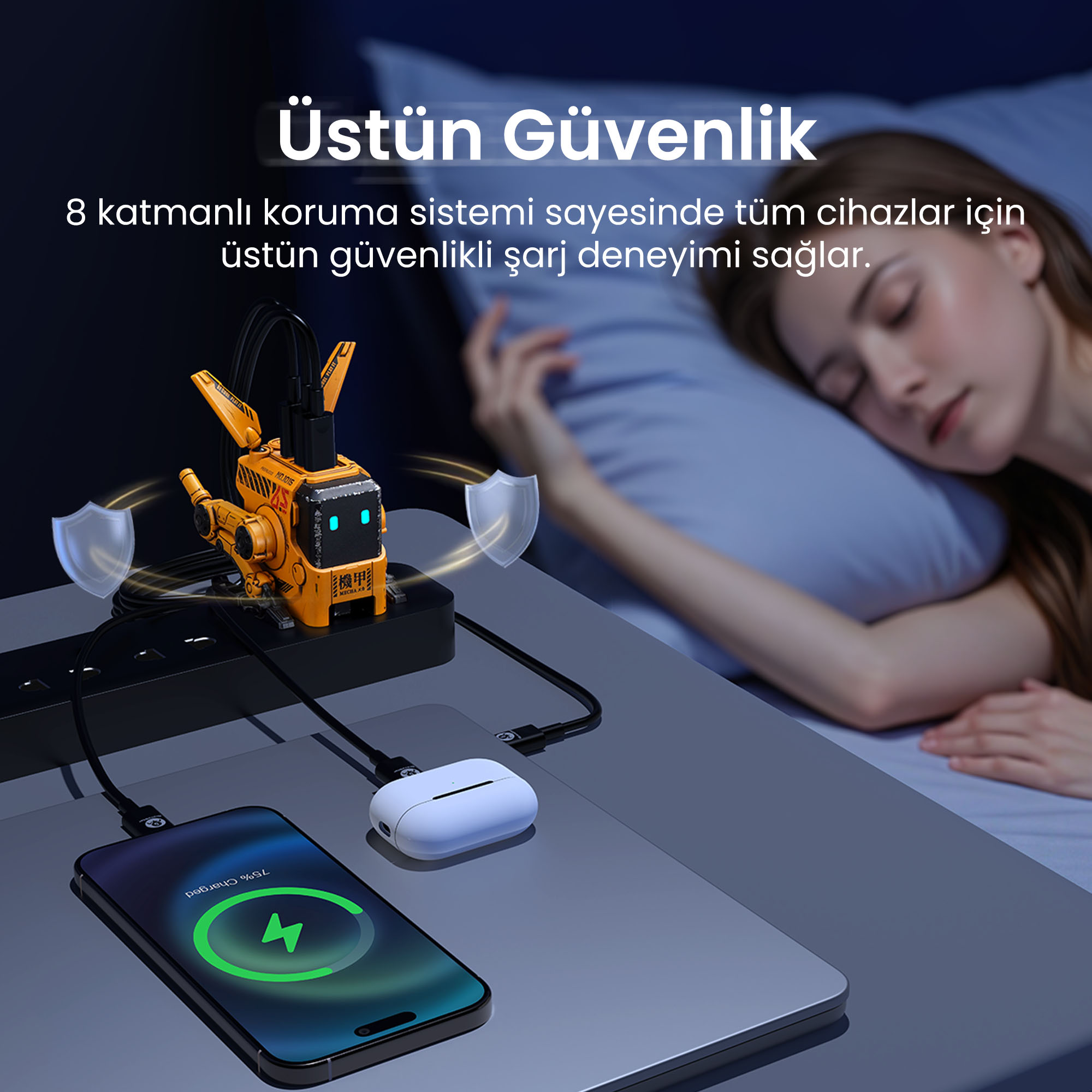 GRAVASTAR Alpha65 Robot Figürlü Şarj Standı ve  65W Hızlı Şarj Adaptörü Sarı