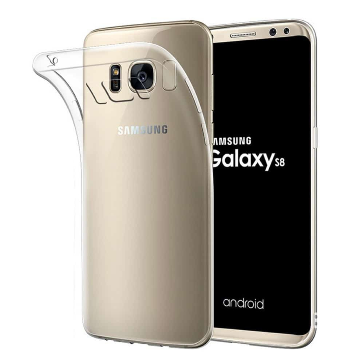 Ein Samsung Galaxy S8-Handy mit einer durchsichtigen Hülle. Das Telefon ist goldfarben und der Bildschirm zeigt das Galaxy S8-Logo und Android.