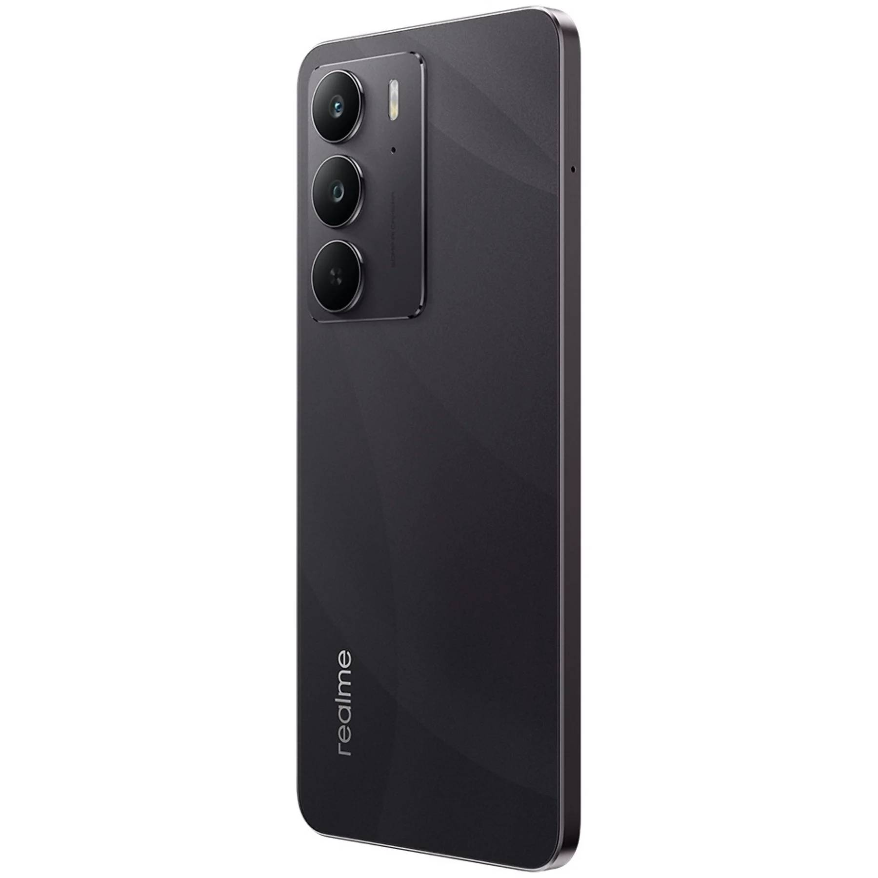 Üç kameralı, koyu gri bir akıllı telefon gösteriliyor. Realme logosu görünür. Telefon dikey konumdadır.