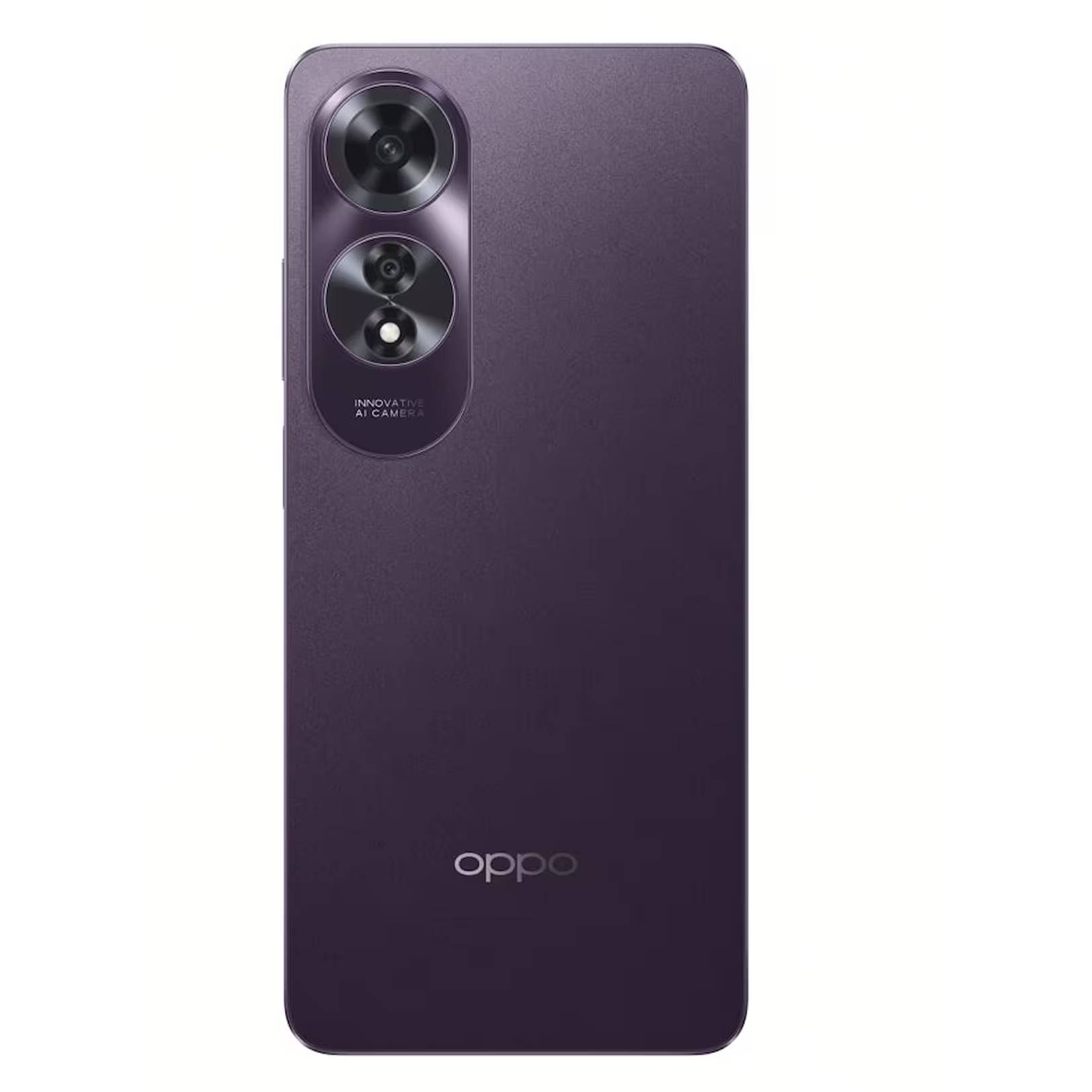 Mor renkli bir Oppo akıllı telefon. Sol üstte iki kamerası var. Oppo logosu altta. Arka plan beyaz.