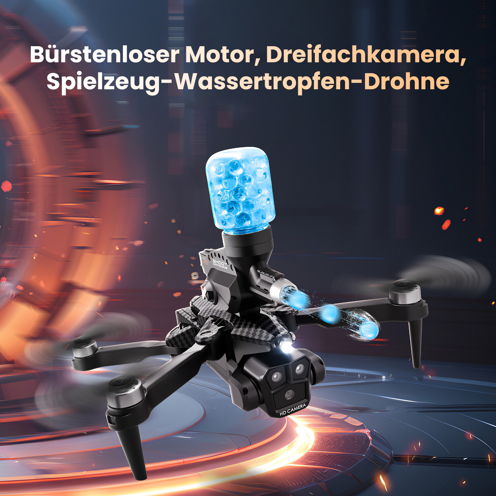 Eine schwarze Drohne mit einem blauen Wassertropfenbehälter befindet sich in der Luft. Der Hintergrund hat orange und blaue Farbtöne.