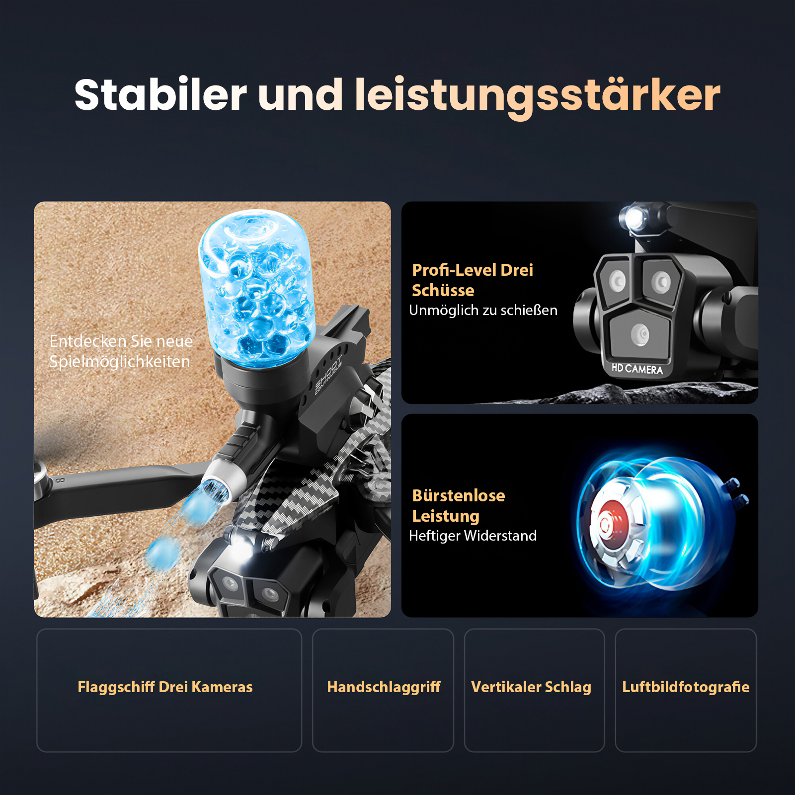 Eine Drohne mit blauen Lichtern, Text auf Deutsch. Sie hat eine Kamera und andere Funktionen.