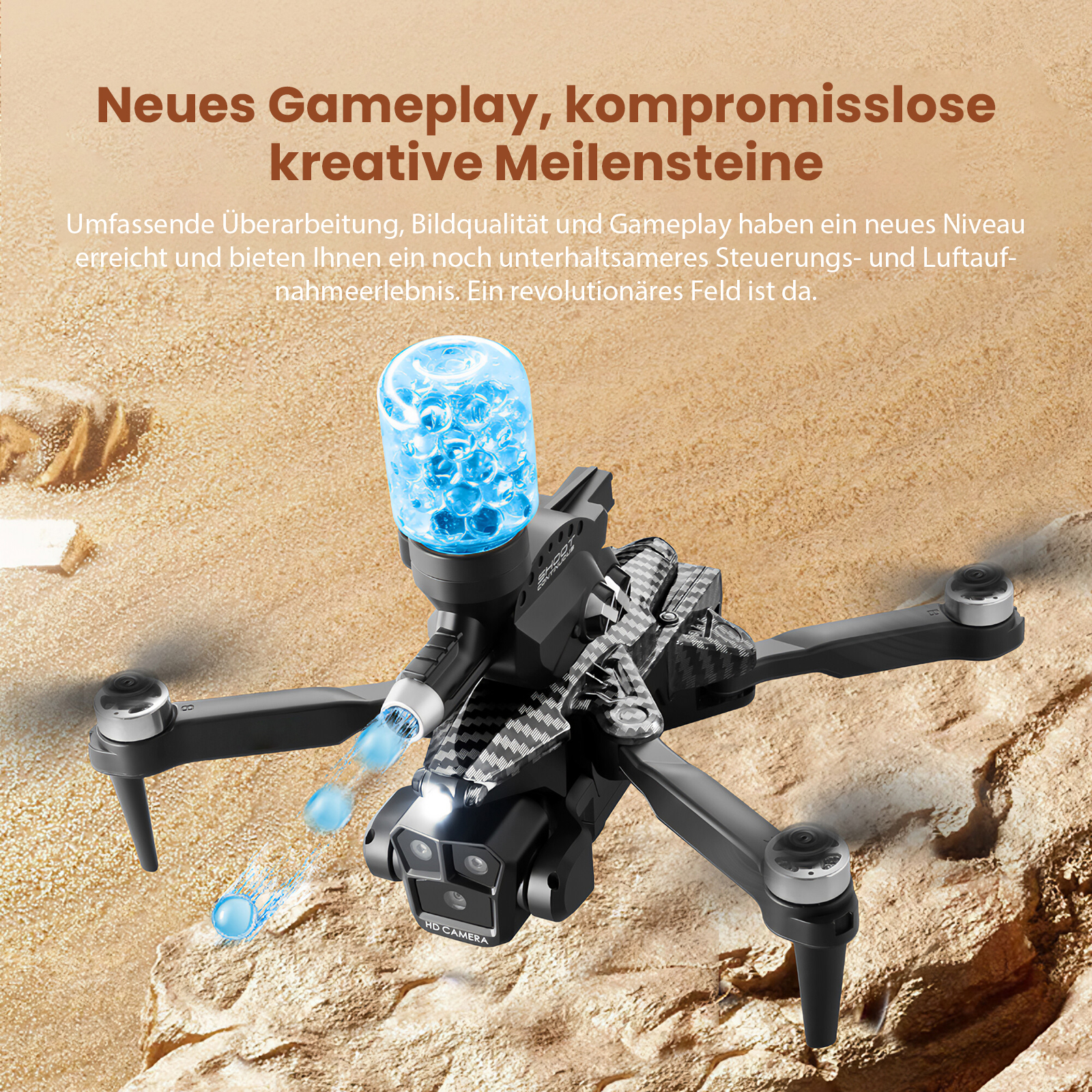 Eine schwarze Drohne mit einem blauen, wassergefüllten Behälter befindet sich auf sandigem Untergrund. Text darüber lautet: "Neues Gameplay, kreative Meilensteine".